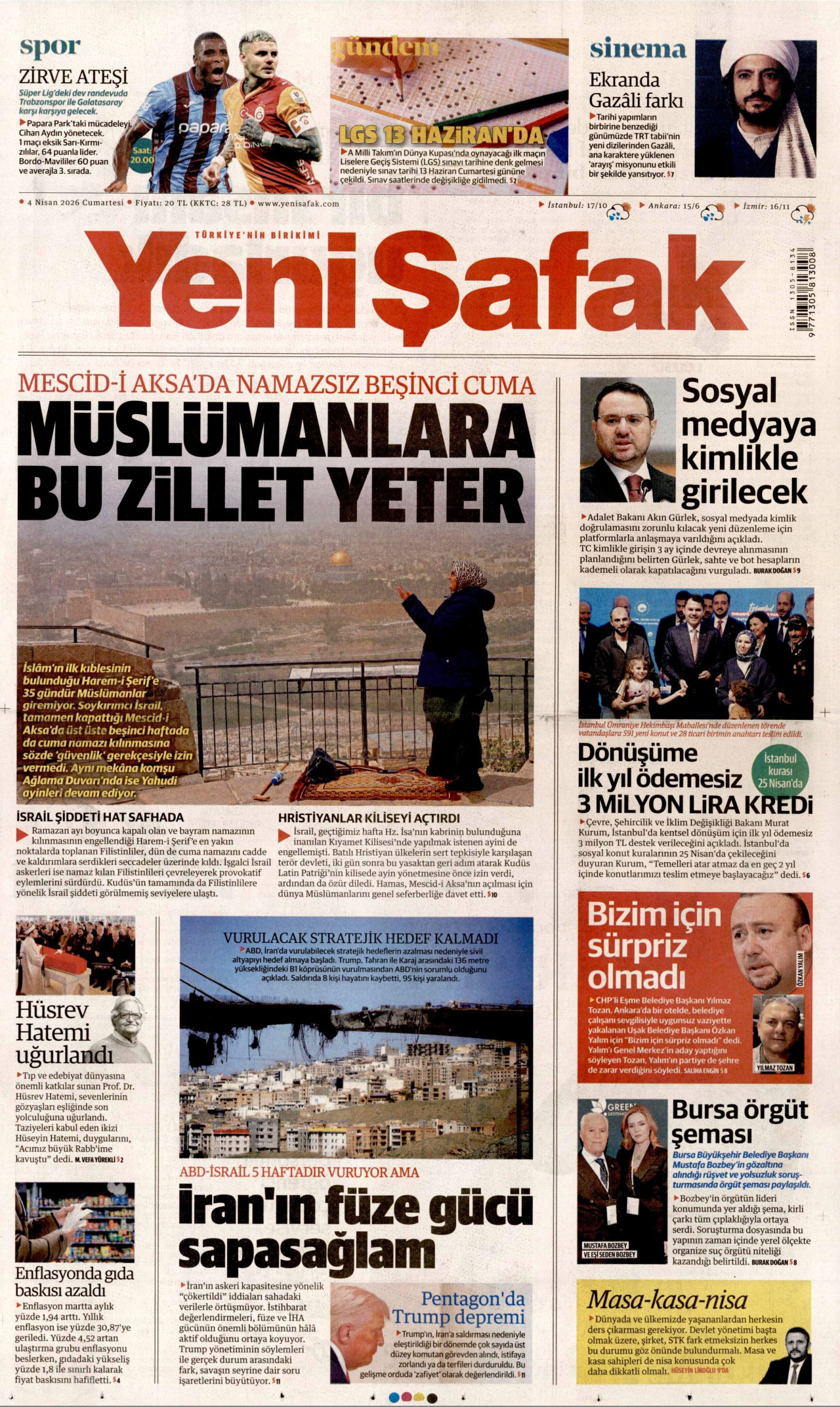 YENİ ŞAFAK gazetesinin 4 Nisan 2026 tarihli birinci sayfası