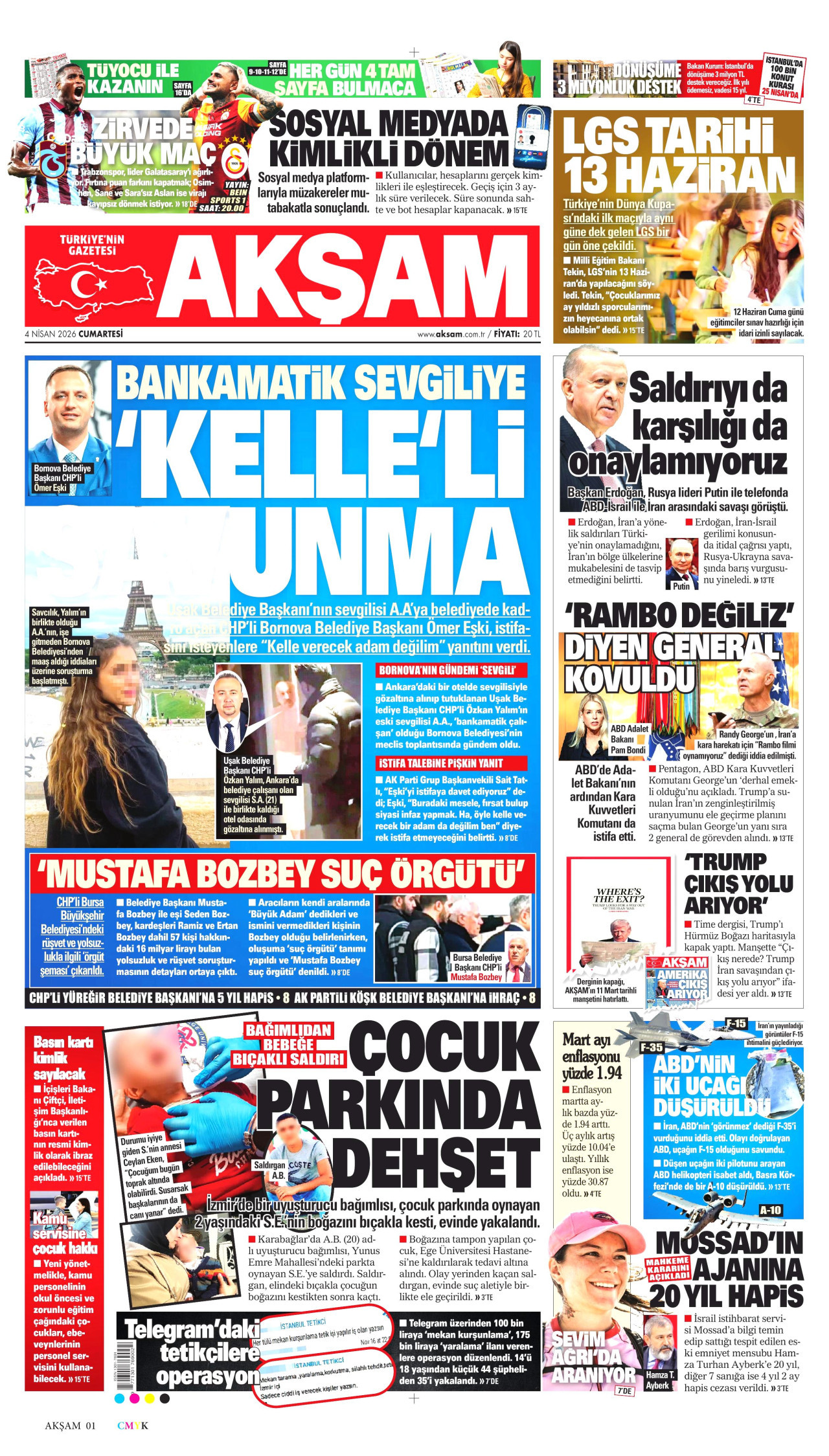 AKŞAM gazetesinin 4 Nisan 2026 tarihli birinci sayfası