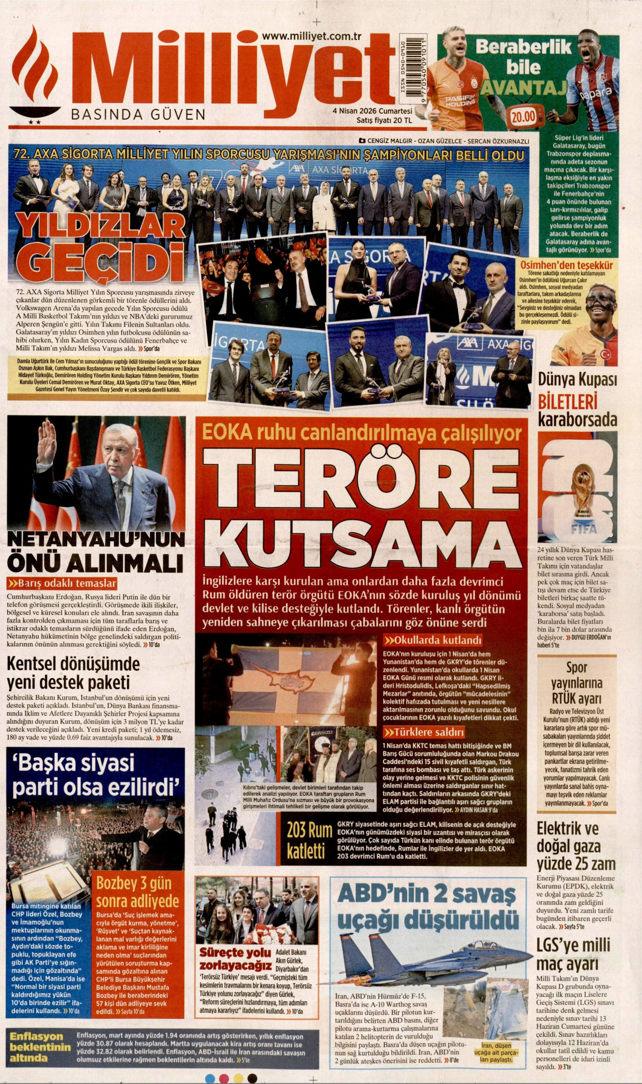 MİLLİYET gazetesinin 4 Nisan 2026 tarihli birinci sayfası