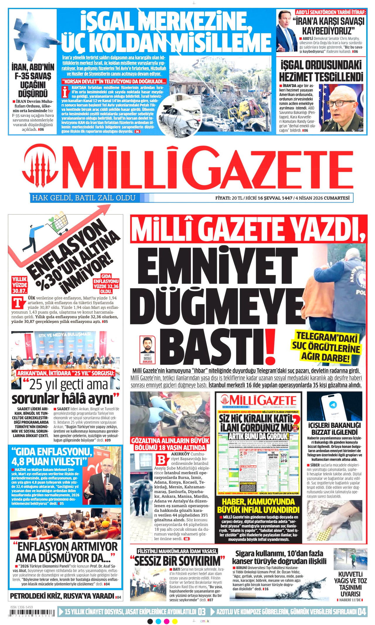 MİLLİ GAZETE gazetesinin 4 Nisan 2026 tarihli birinci sayfası