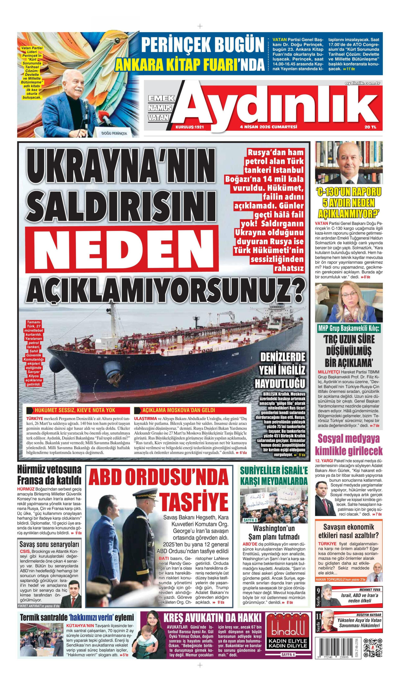 AYDINLIK GAZETESİ gazetesinin 4 Nisan 2026 tarihli birinci sayfası
