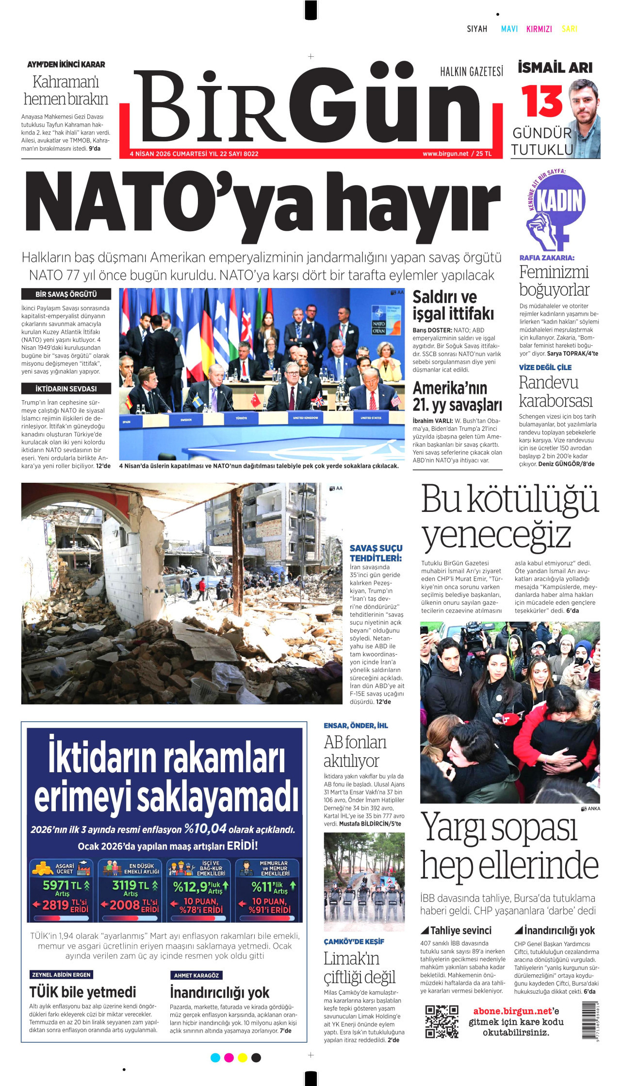 BİRGÜN gazetesinin 4 Nisan 2026 tarihli birinci sayfası