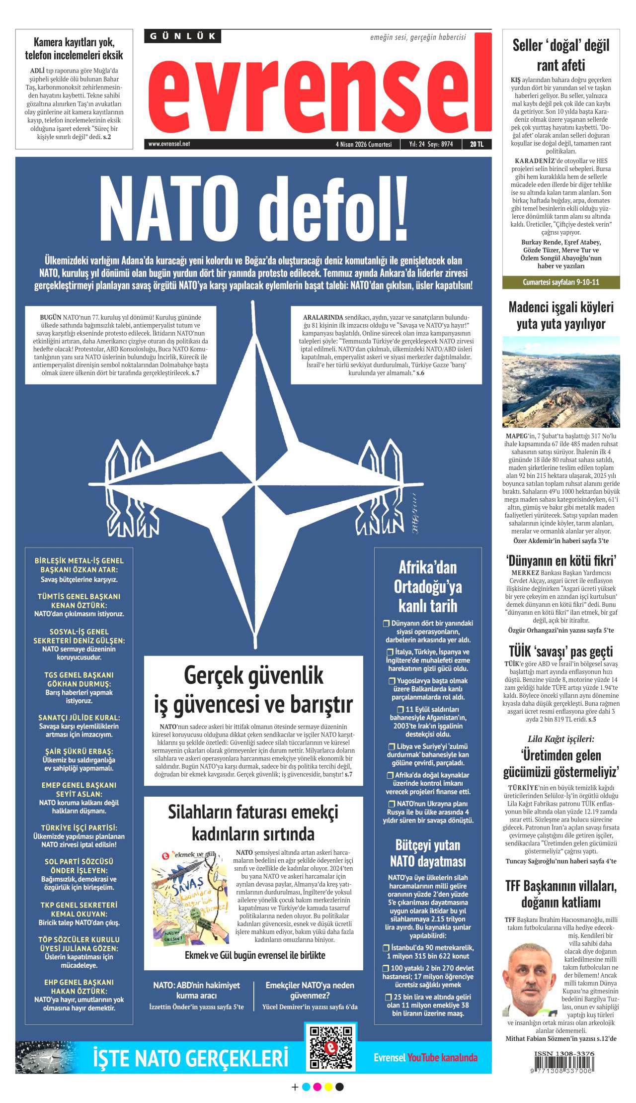 EVRENSEL gazetesinin 4 Nisan 2026 tarihli birinci sayfası