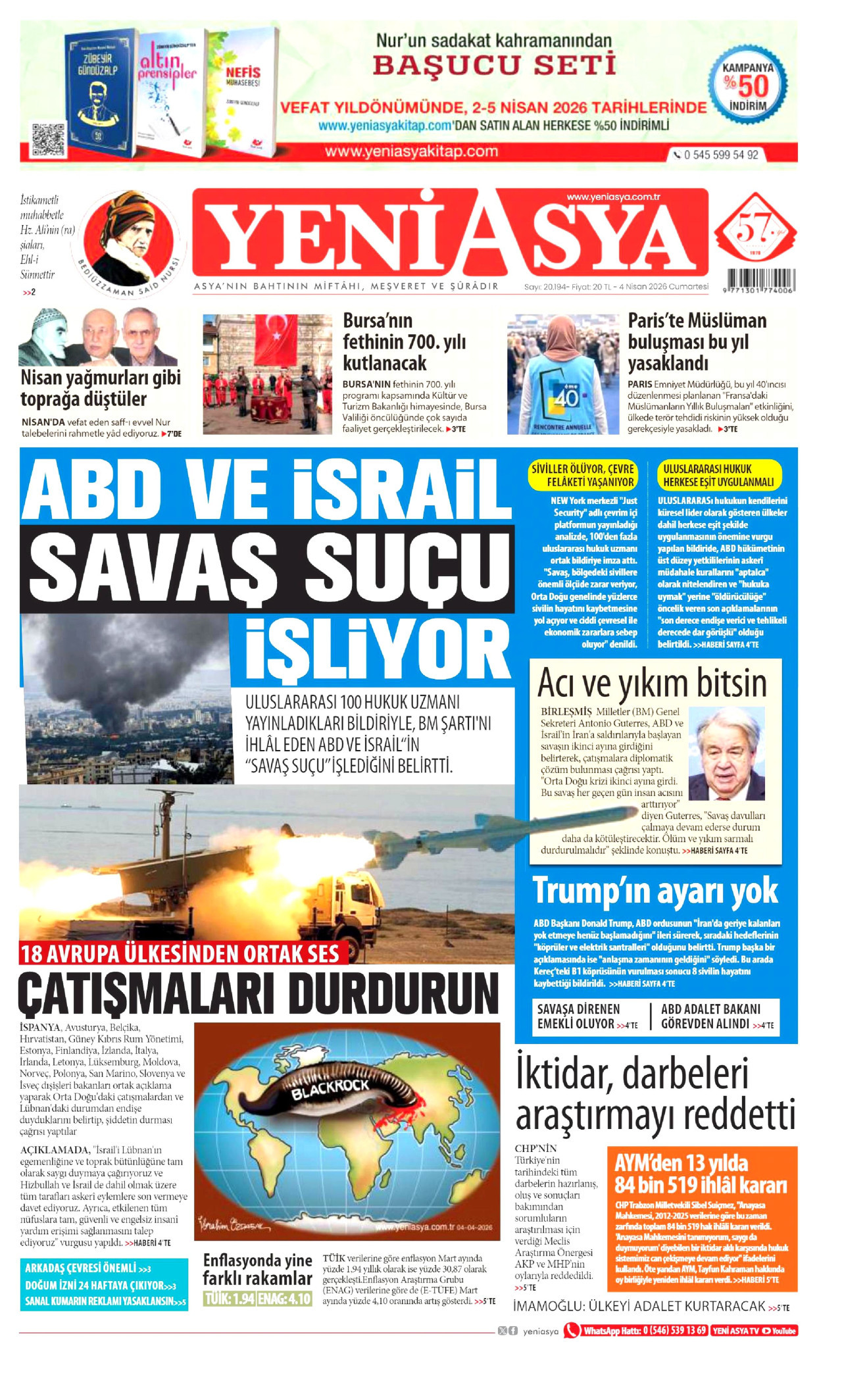 YENİ ASYA gazetesinin 4 Nisan 2026 tarihli birinci sayfası