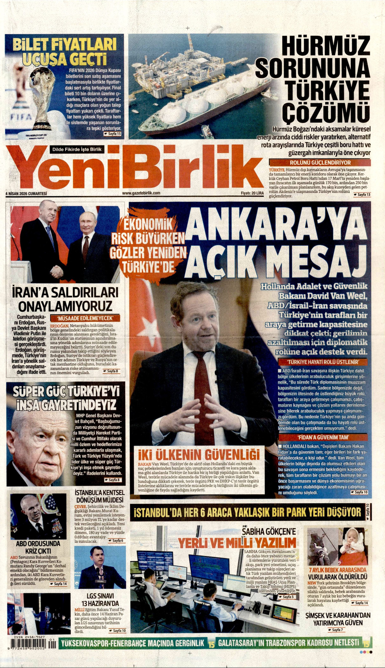 YENİBİRLİK gazetesinin 4 Nisan 2026 tarihli birinci sayfası