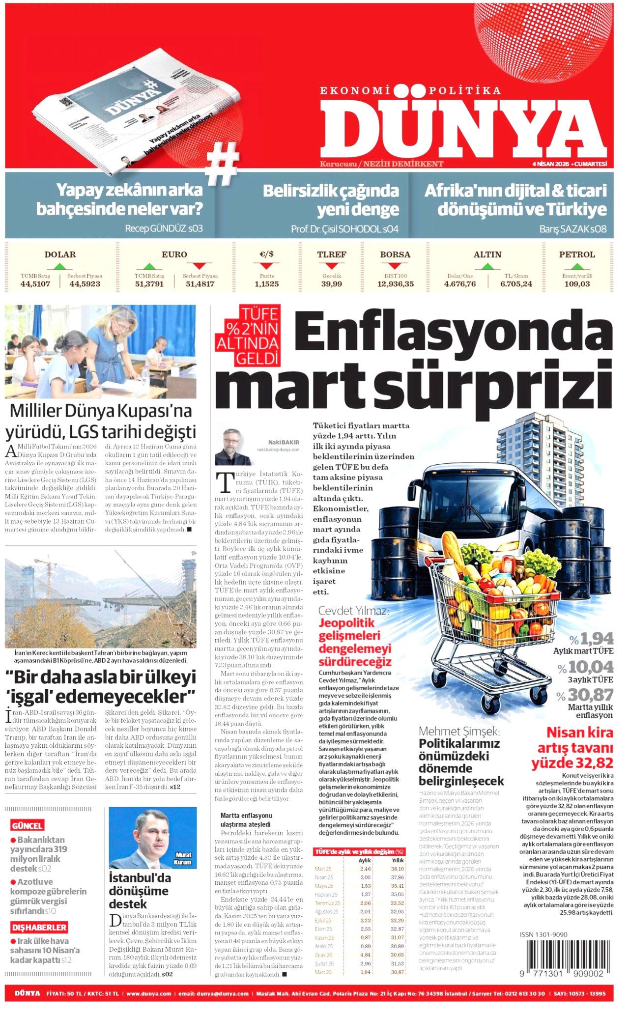 DÜNYA gazetesinin 4 Nisan 2026 tarihli birinci sayfası