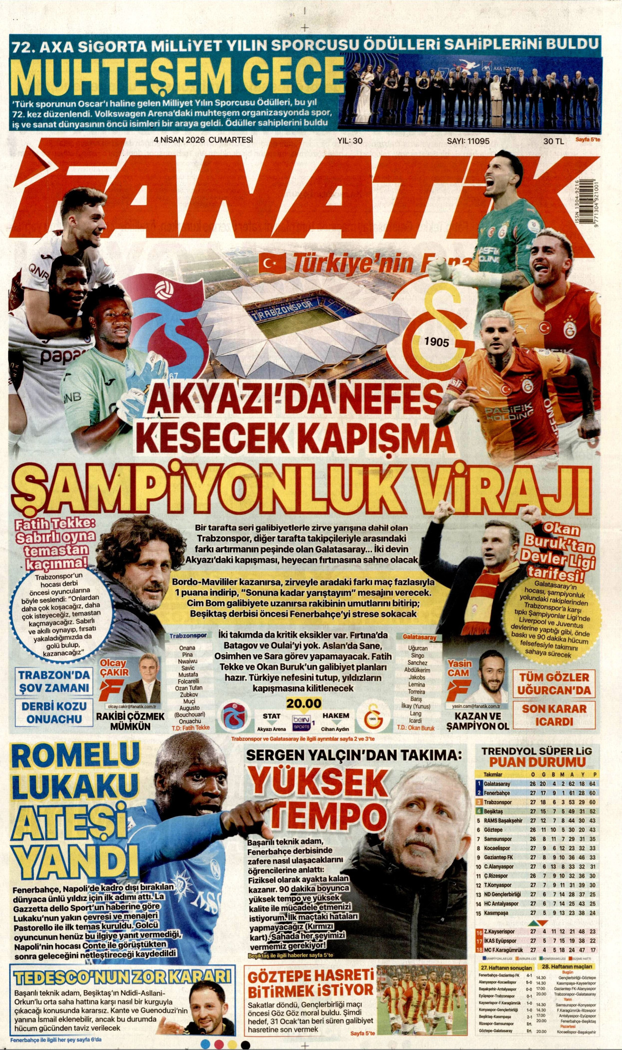 FANATİK gazetesinin 4 Nisan 2026 tarihli birinci sayfası