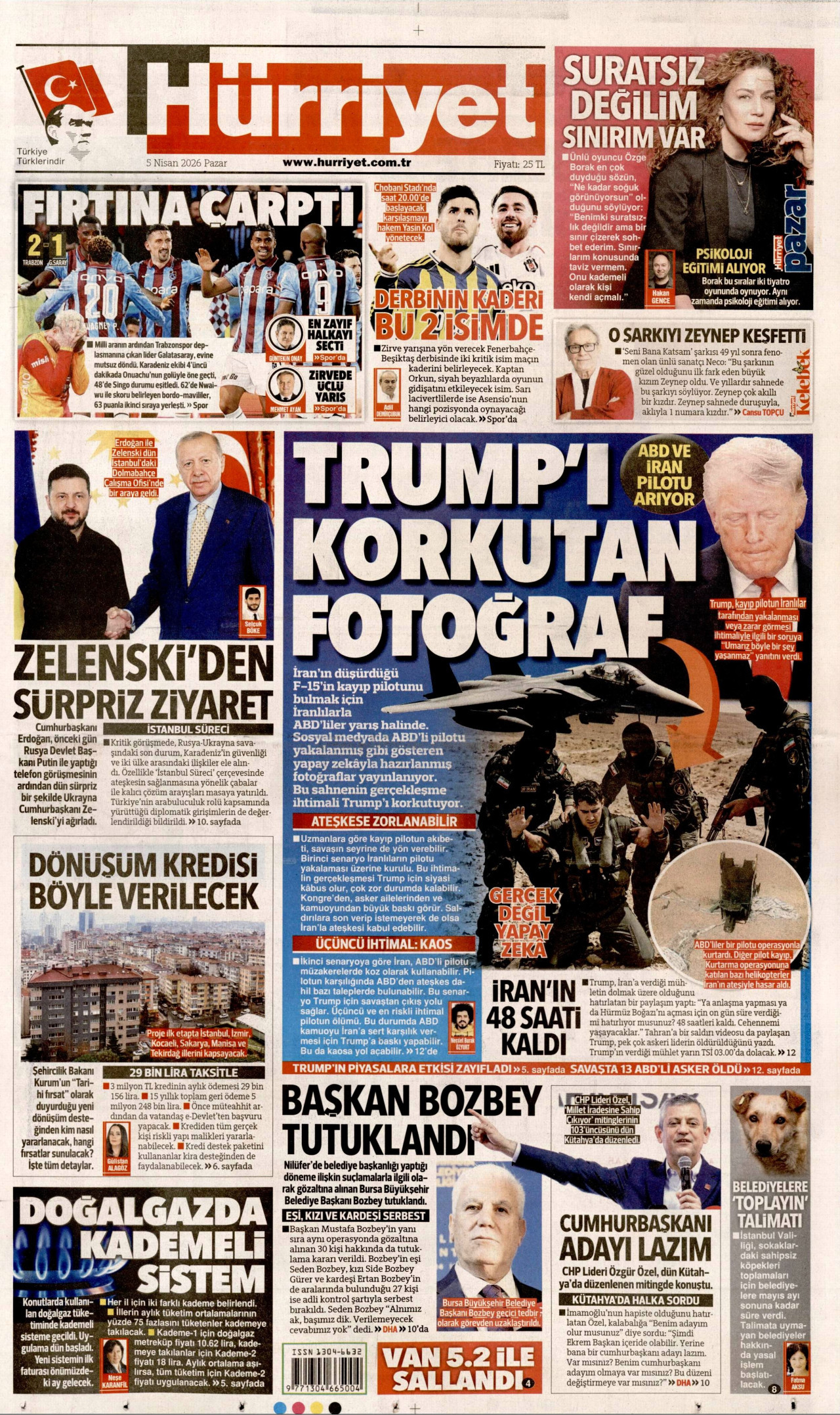 HÜRRİYET gazetesinin 5 Nisan 2026 tarihli birinci sayfası