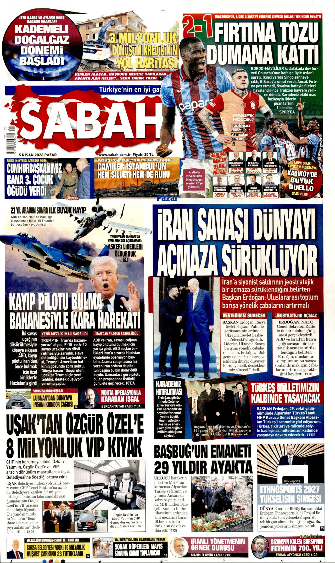 SABAH gazetesinin 5 Nisan 2026 tarihli birinci sayfası