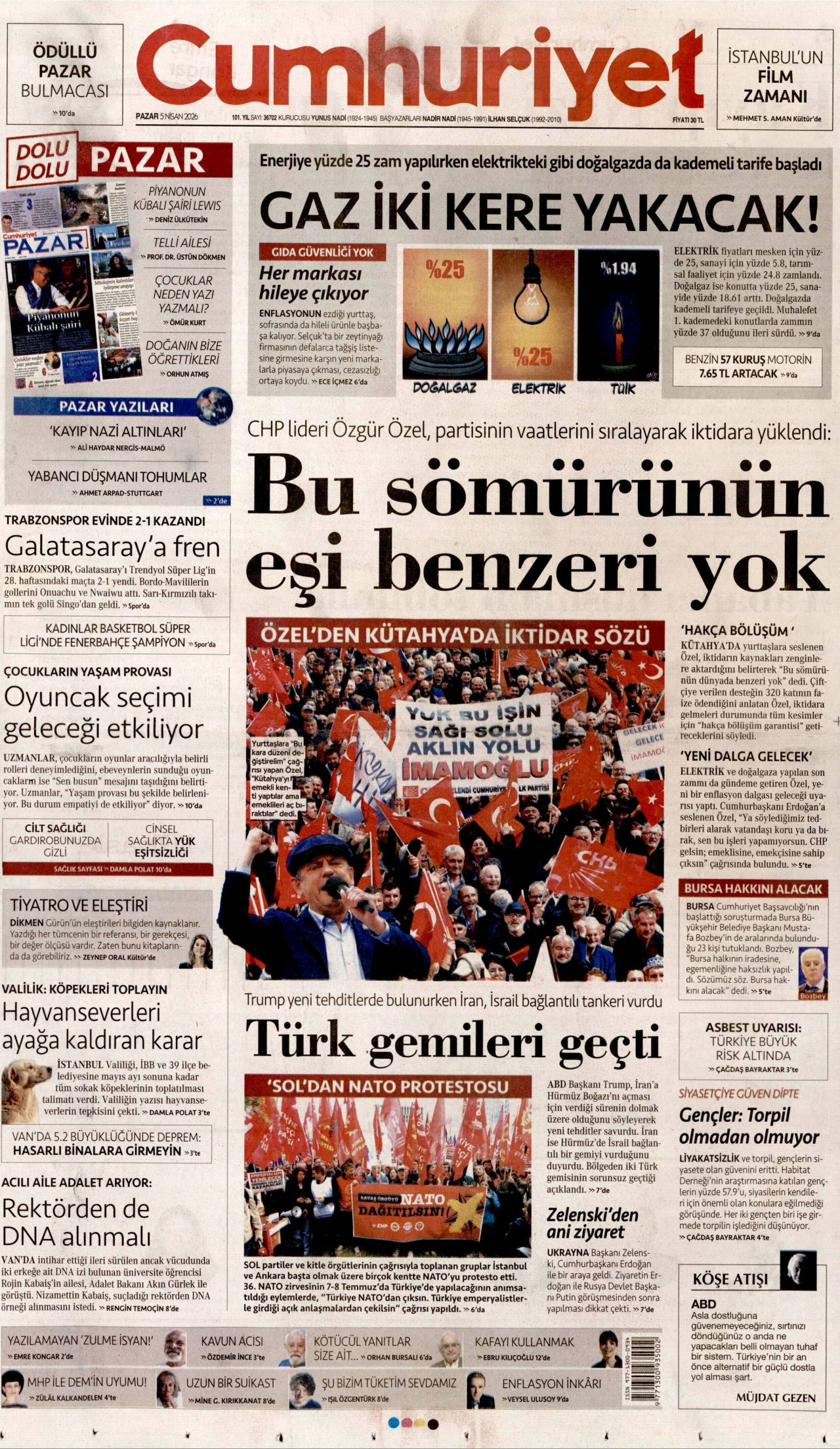 CUMHURİYET gazetesinin 5 Nisan 2026 tarihli birinci sayfası