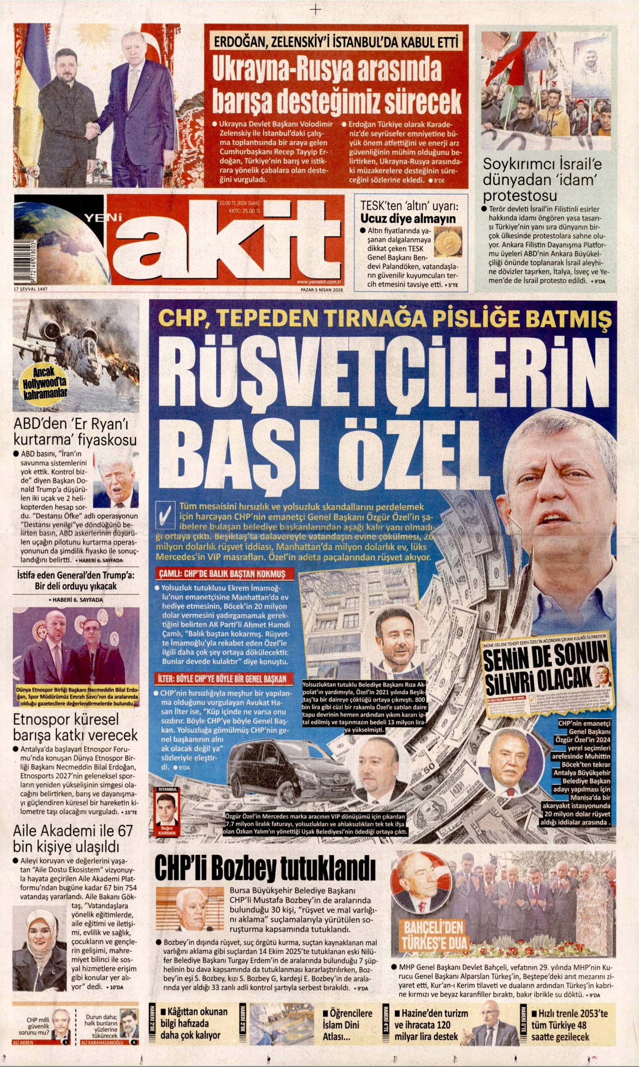 YENİ AKİT gazetesinin 5 Nisan 2026 tarihli birinci sayfası