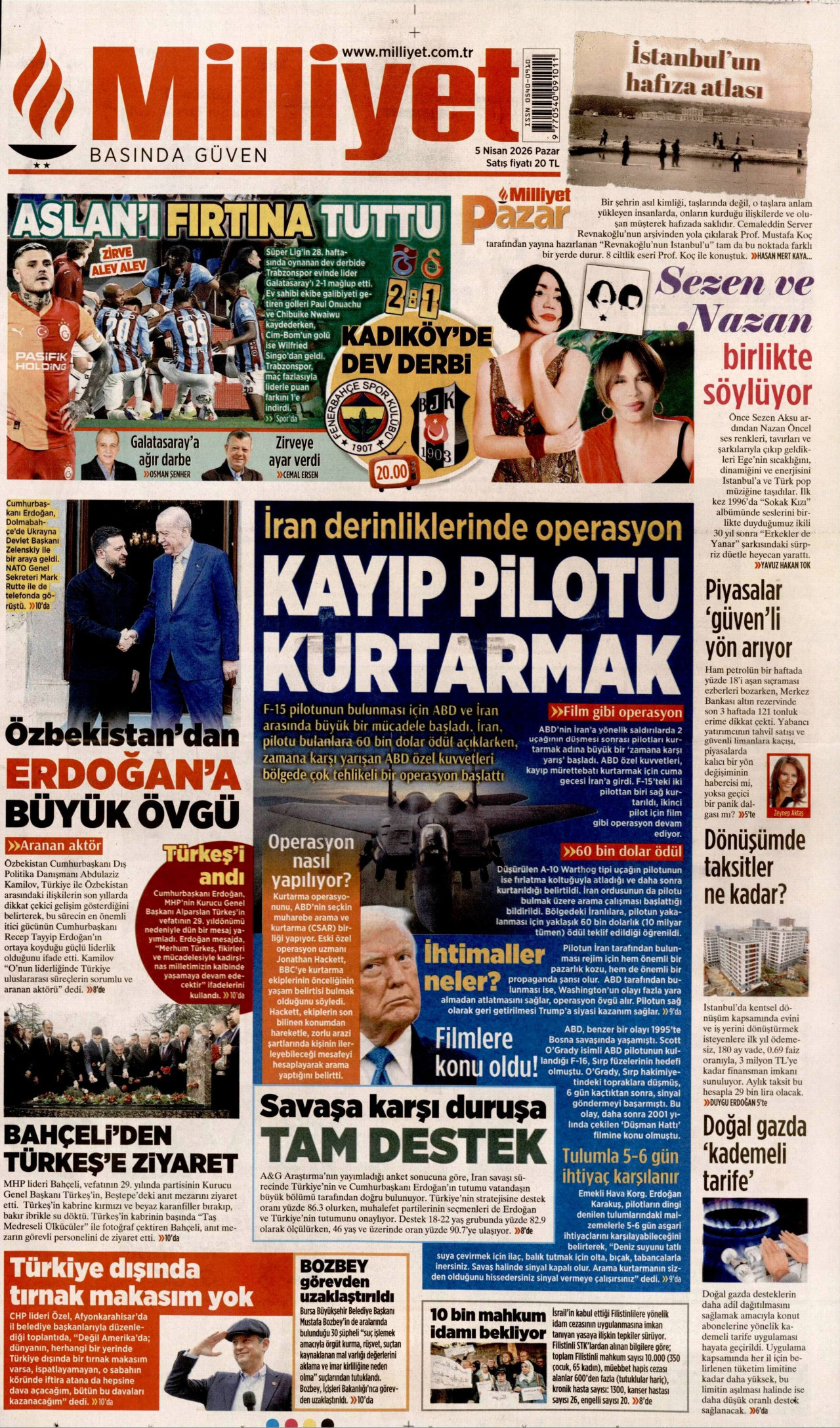 MİLLİYET gazetesinin 5 Nisan 2026 tarihli birinci sayfası