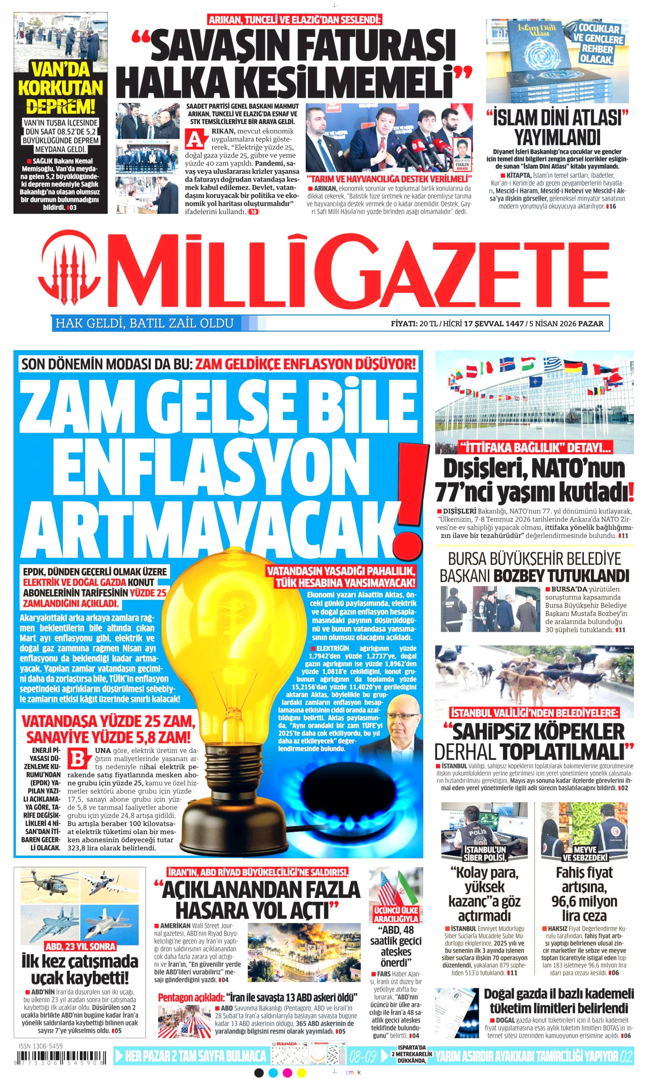 MİLLİ GAZETE gazetesinin 5 Nisan 2026 tarihli birinci sayfası