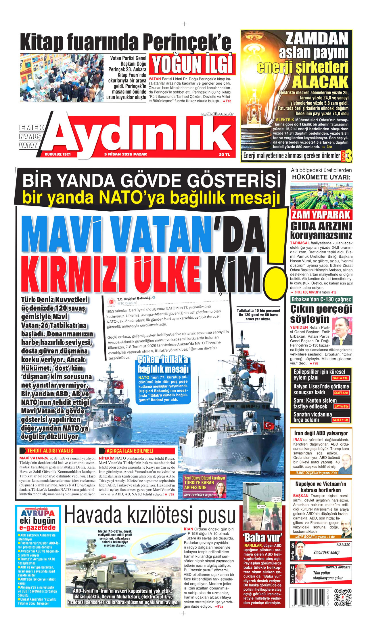 AYDINLIK GAZETESİ gazetesinin 5 Nisan 2026 tarihli birinci sayfası