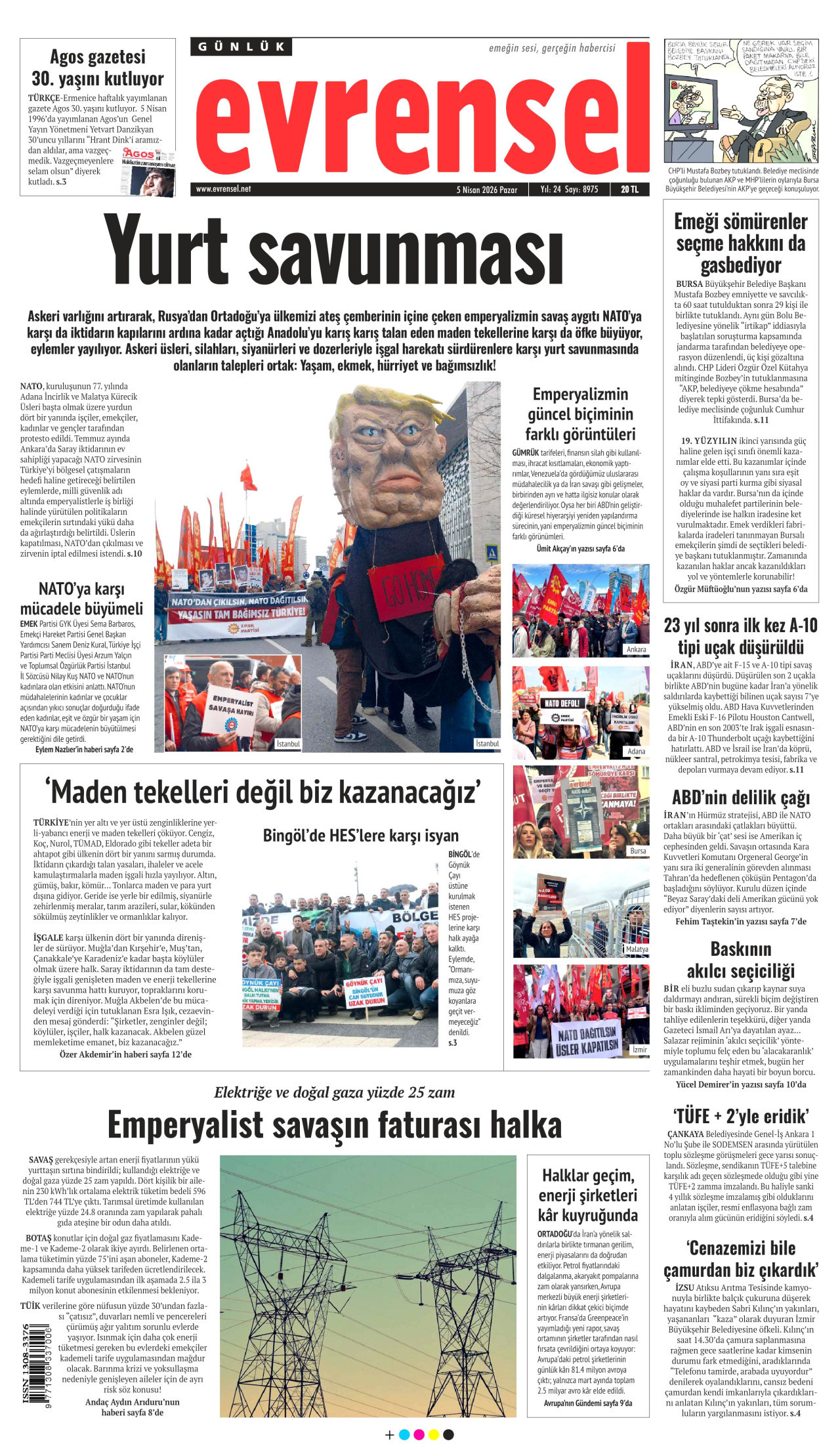 EVRENSEL gazetesinin 5 Nisan 2026 tarihli birinci sayfası