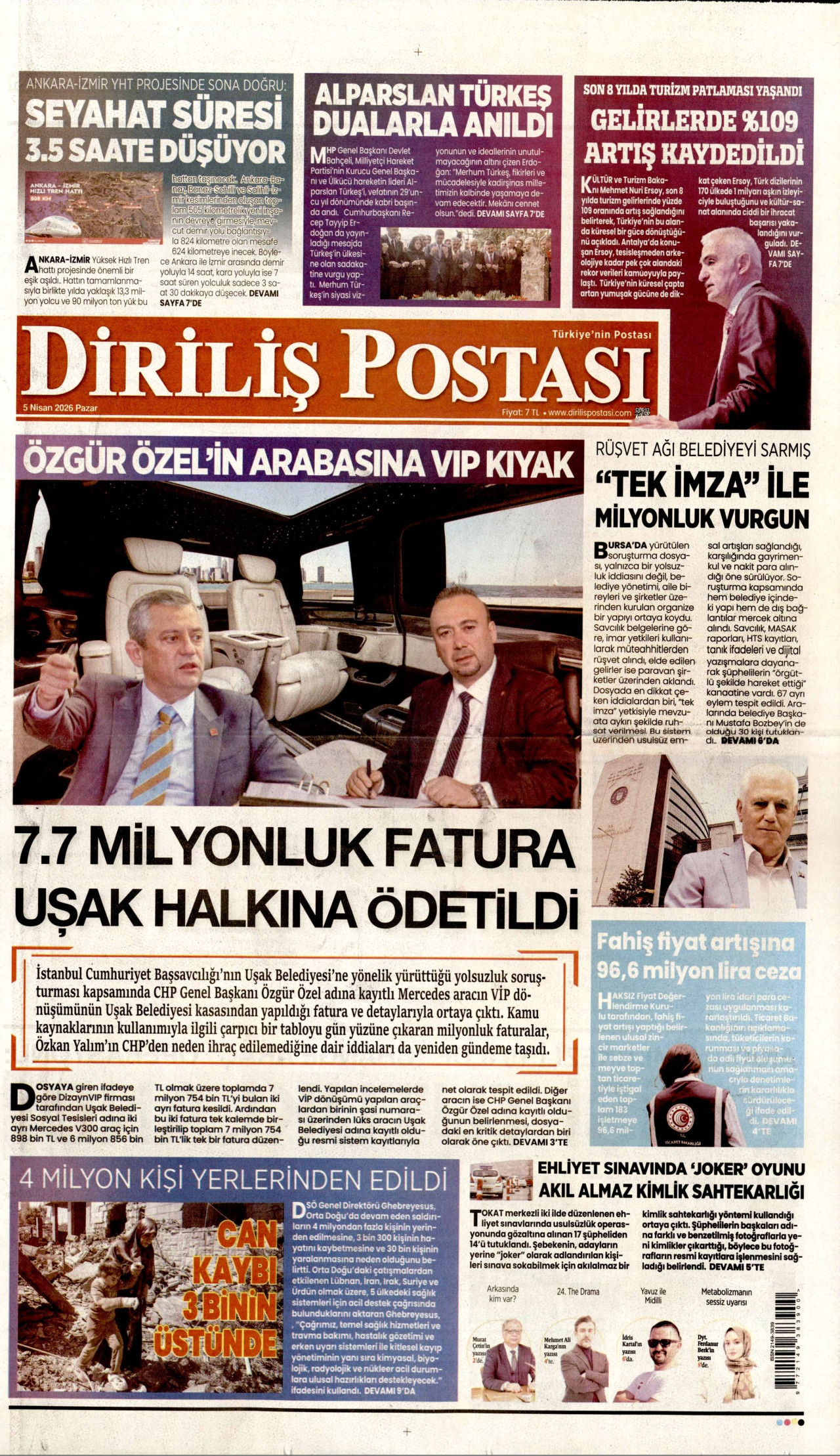 DİRİLİŞ POSTASI gazetesinin 5 Nisan 2026 tarihli birinci sayfası