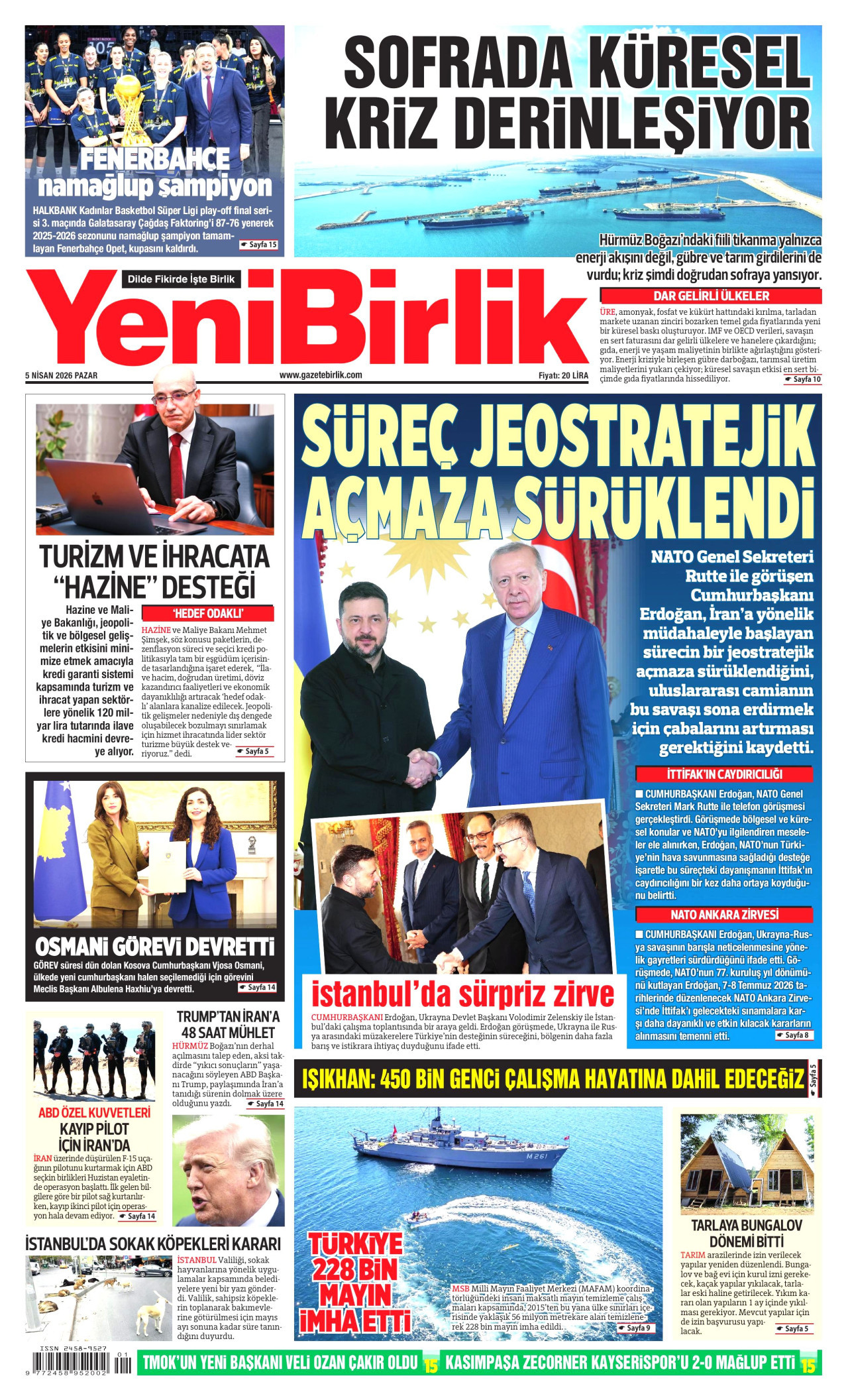 YENİBİRLİK gazetesinin 5 Nisan 2026 tarihli birinci sayfası