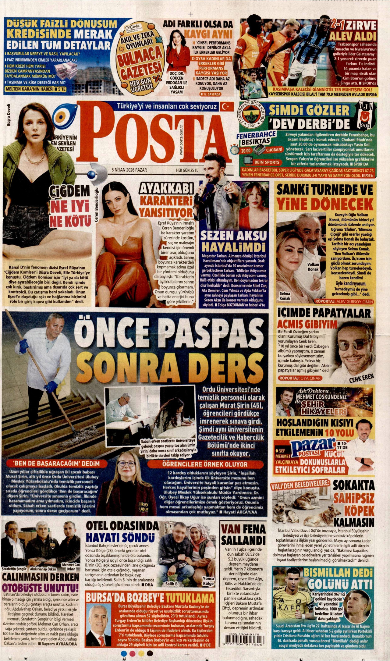 POSTA gazetesinin 5 Nisan 2026 tarihli birinci sayfası
