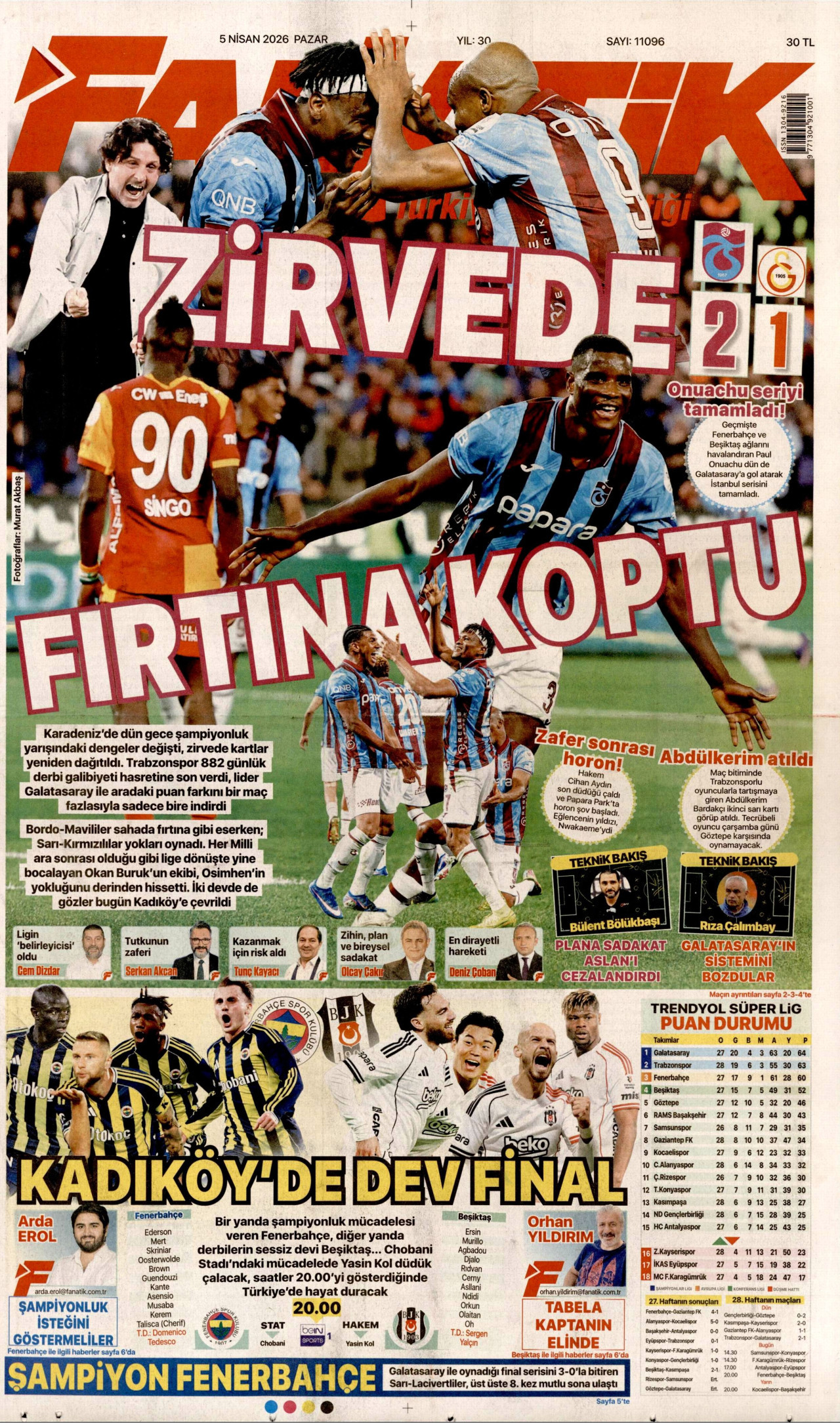 FANATİK gazetesinin 5 Nisan 2026 tarihli birinci sayfası