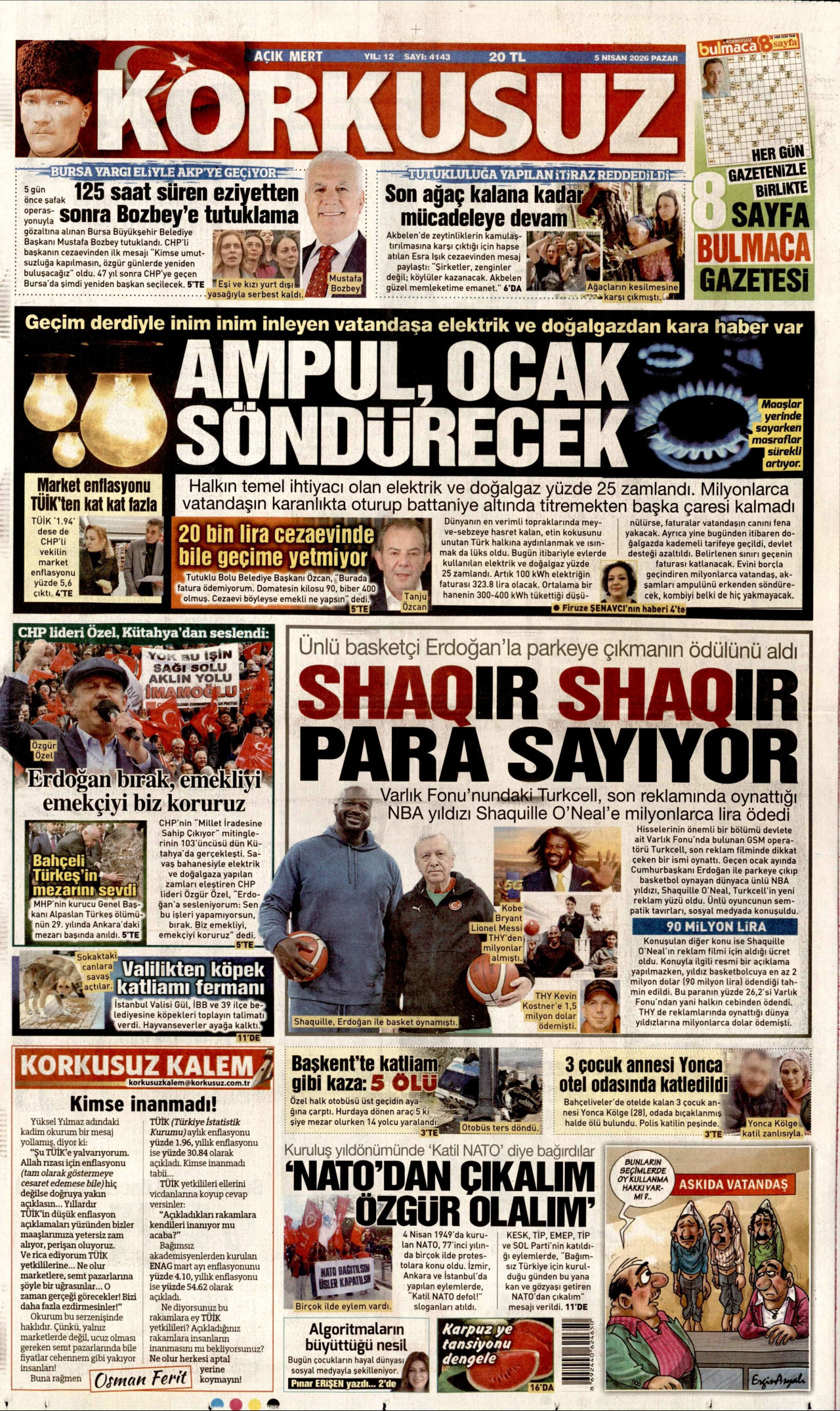 KORKUSUZ gazetesinin 5 Nisan 2026 tarihli birinci sayfası