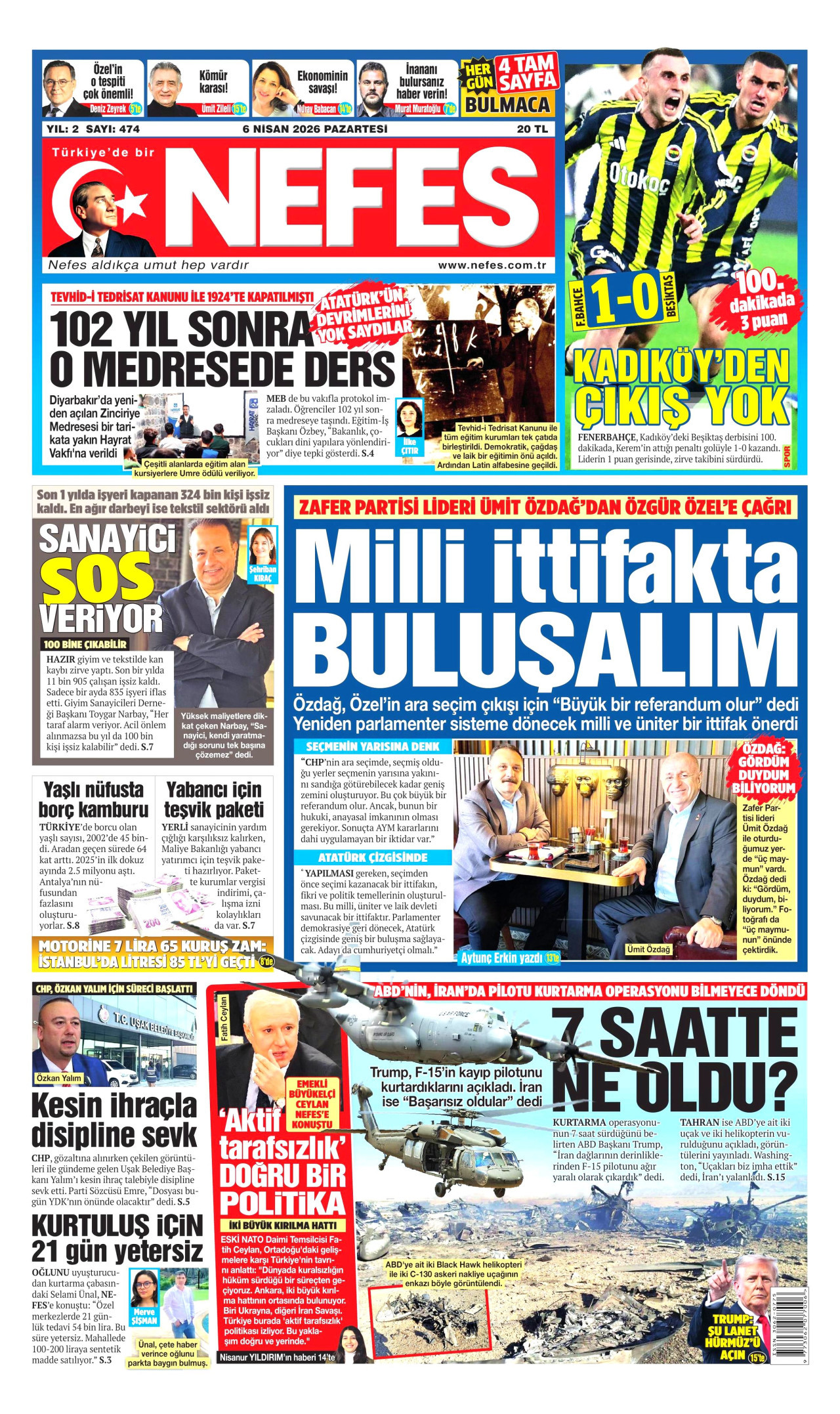 NEFES gazetesinin 6 Nisan 2026 tarihli birinci sayfası