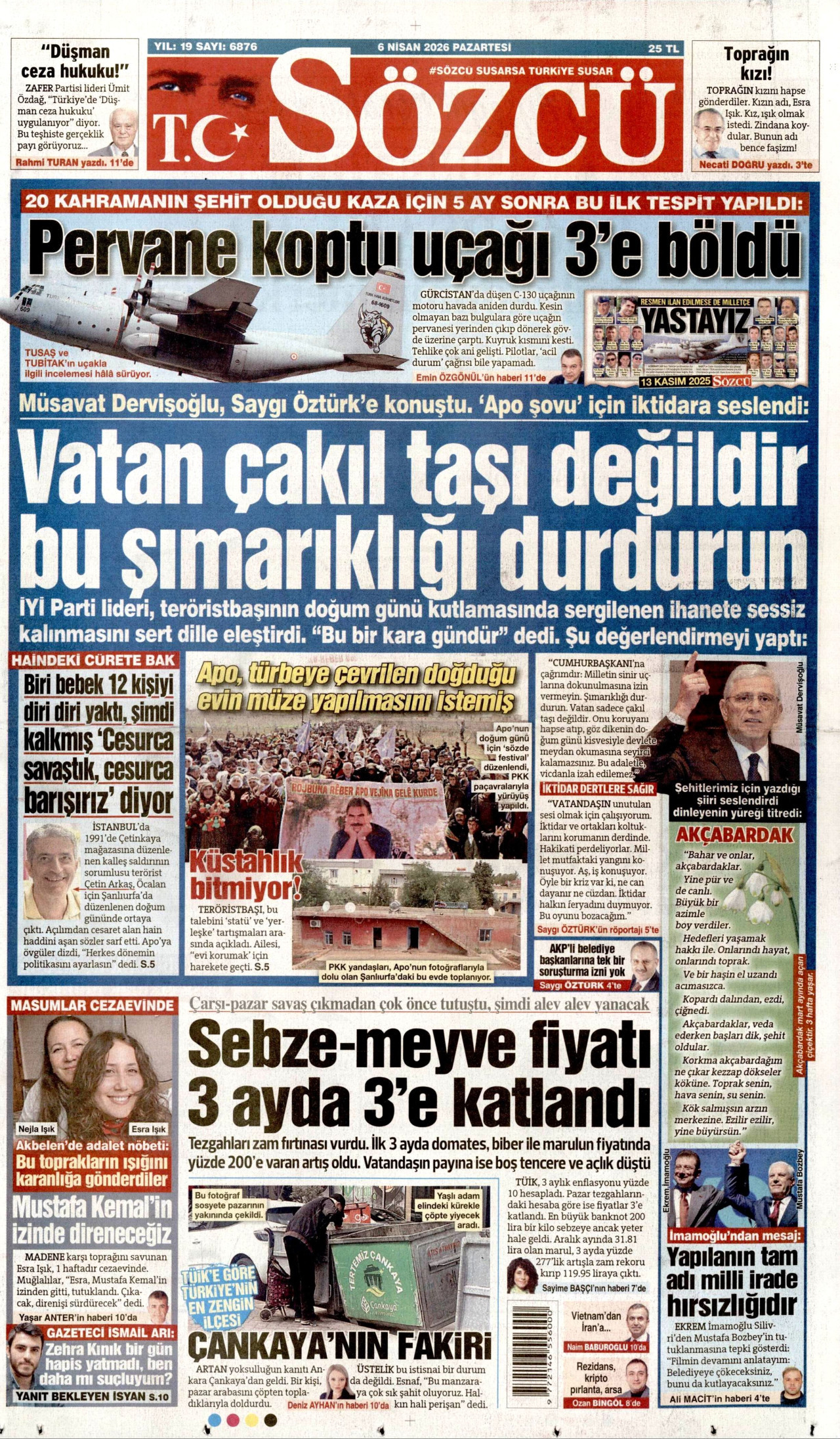 SÖZCÜ gazetesinin 6 Nisan 2026 tarihli birinci sayfası