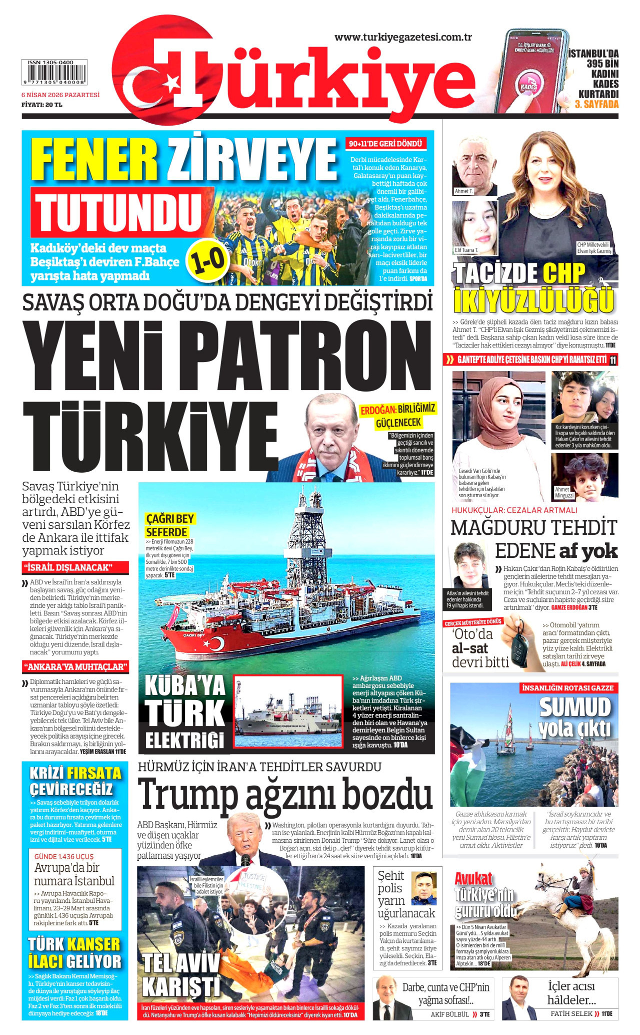 TÜRKİYE GAZETESİ gazetesinin 6 Nisan 2026 tarihli birinci sayfası