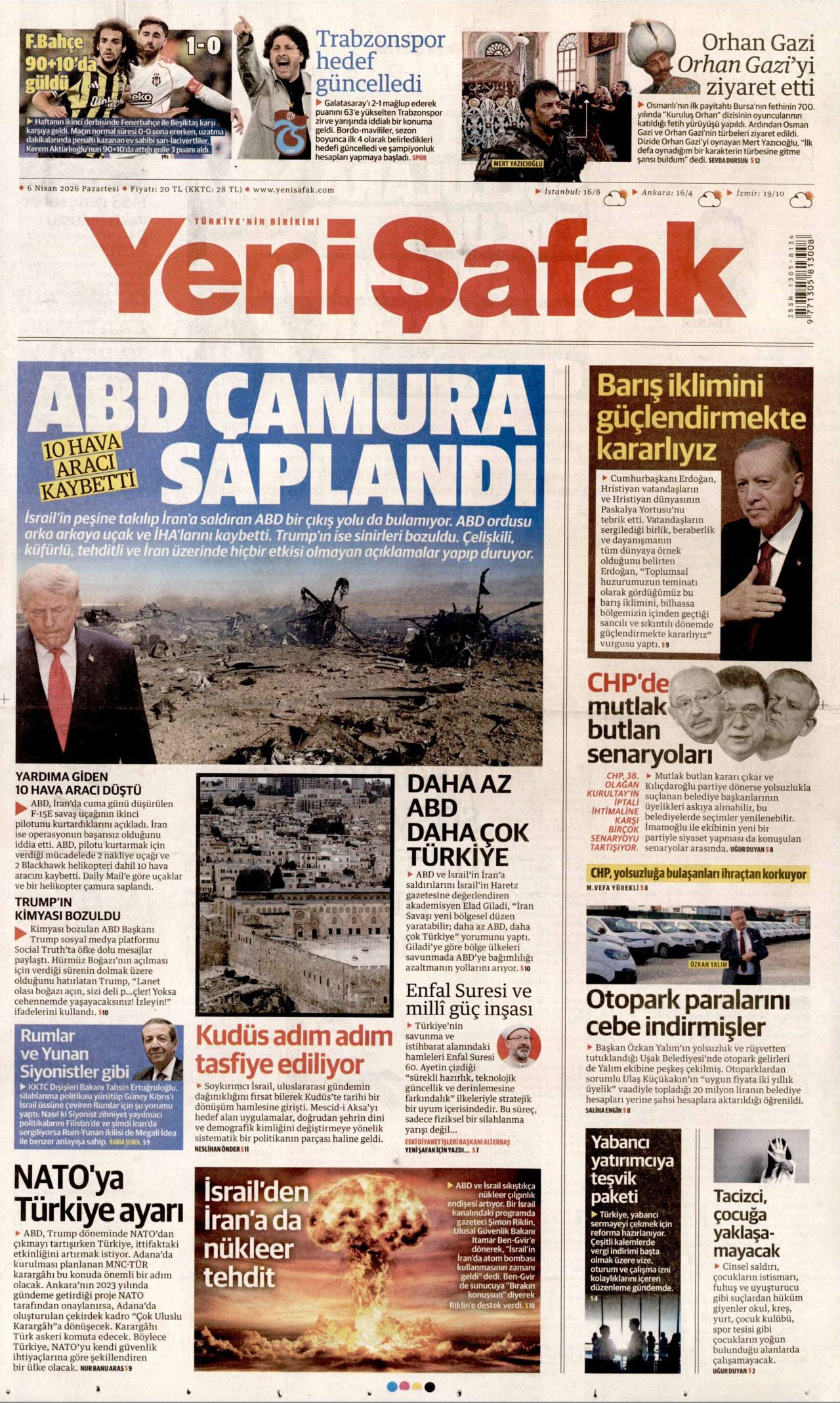 YENİ ŞAFAK gazetesinin 6 Nisan 2026 tarihli birinci sayfası