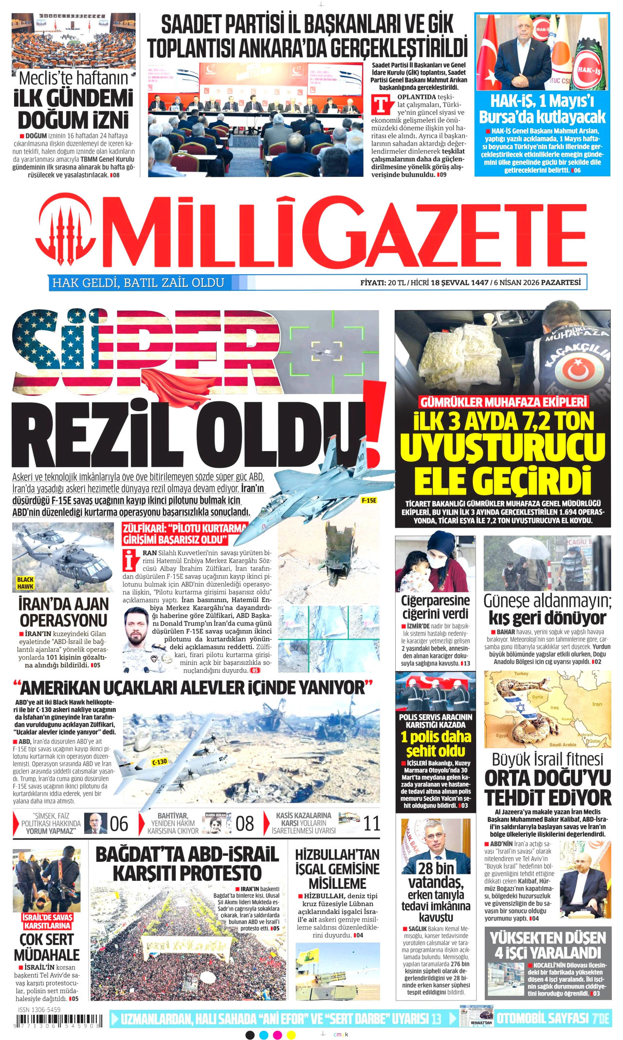 MİLLİ GAZETE gazetesinin 6 Nisan 2026 tarihli birinci sayfası