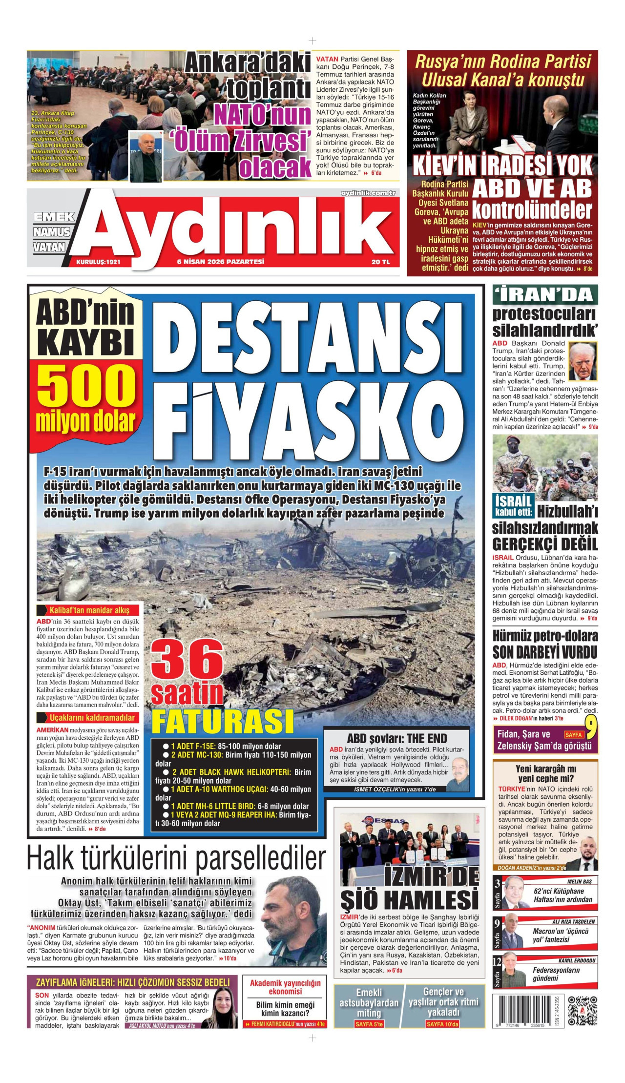 AYDINLIK GAZETESİ gazetesinin 6 Nisan 2026 tarihli birinci sayfası