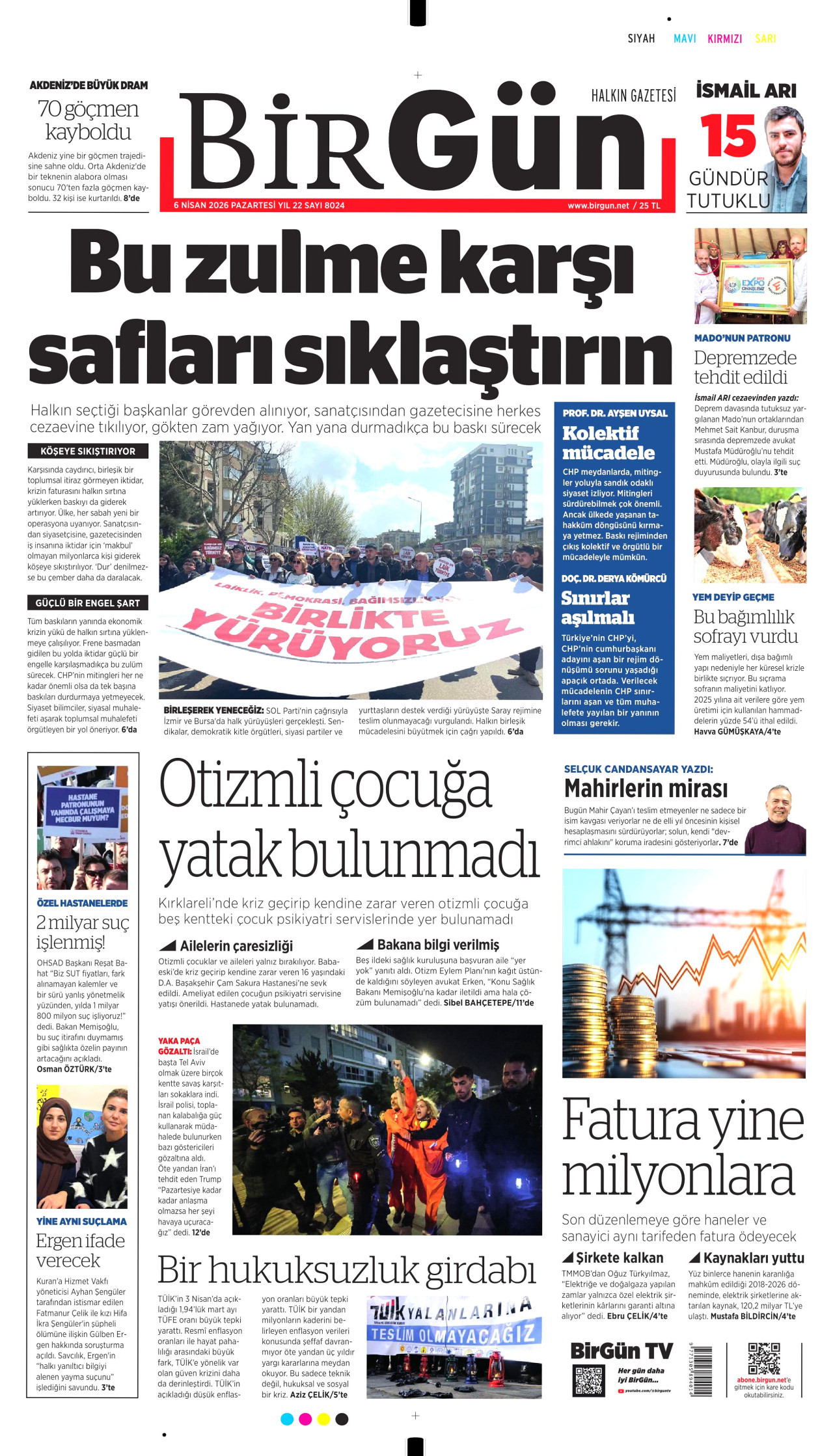 BİRGÜN gazetesinin 6 Nisan 2026 tarihli birinci sayfası