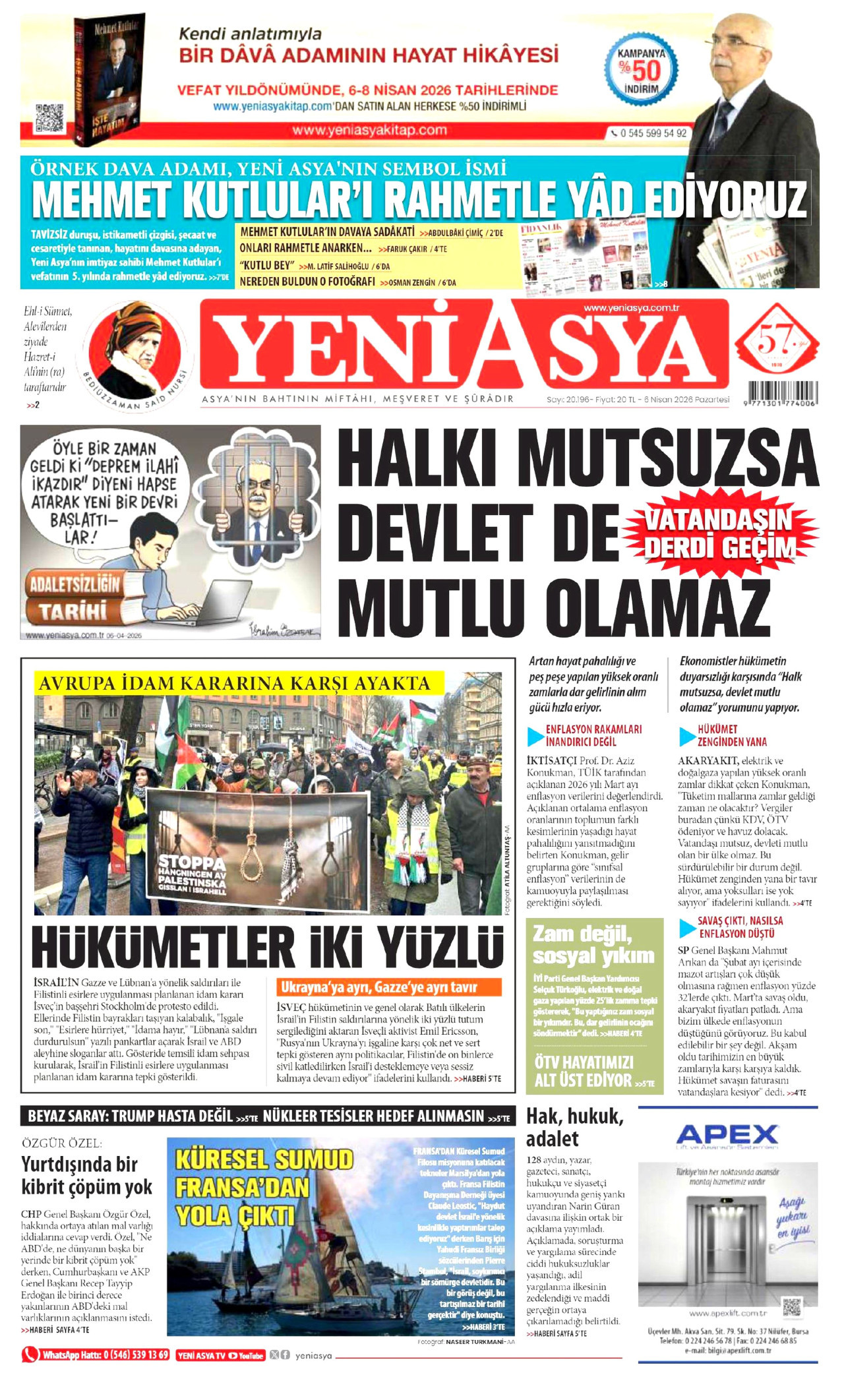 YENİ ASYA gazetesinin 6 Nisan 2026 tarihli birinci sayfası