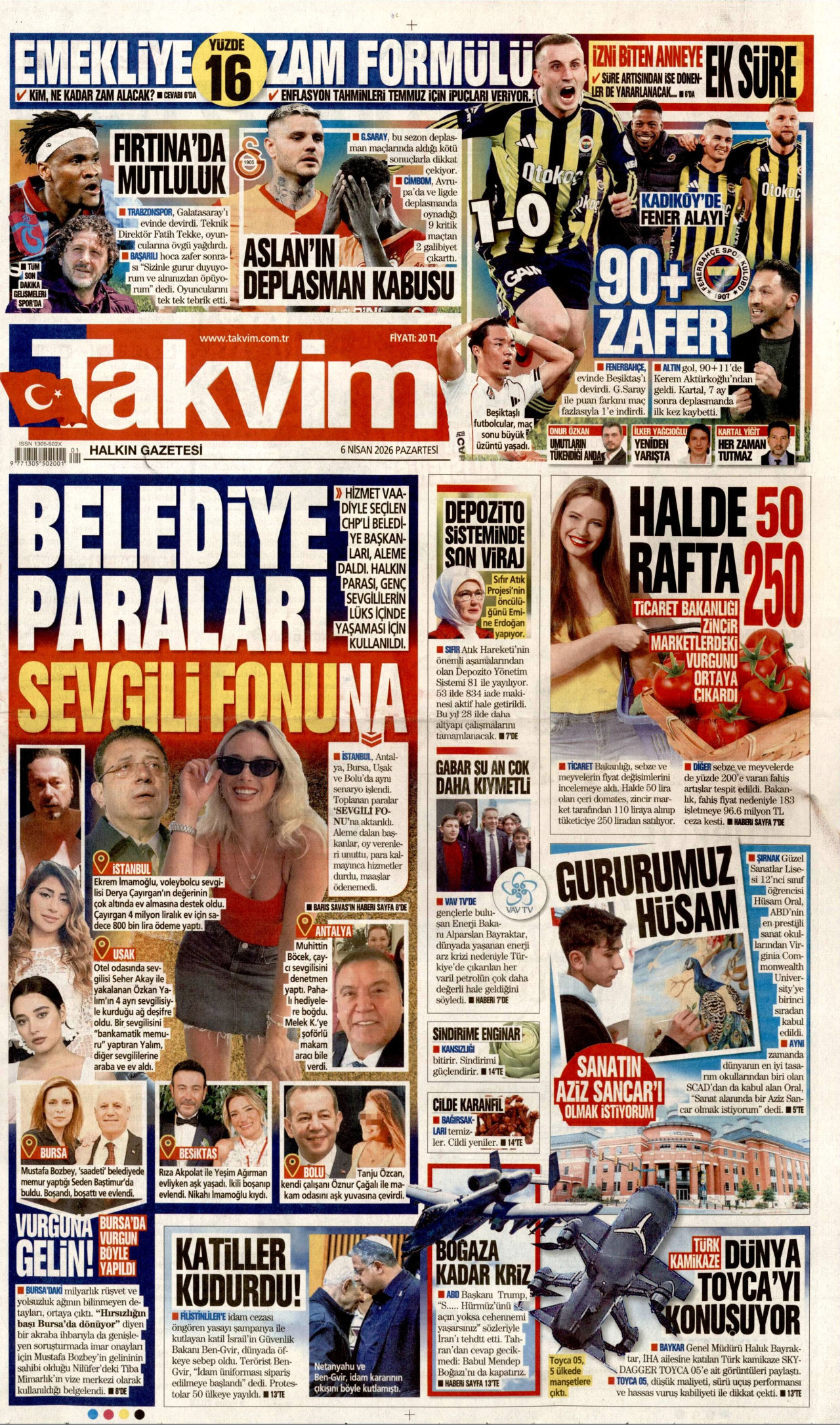 TAKVİM gazetesinin 6 Nisan 2026 tarihli birinci sayfası