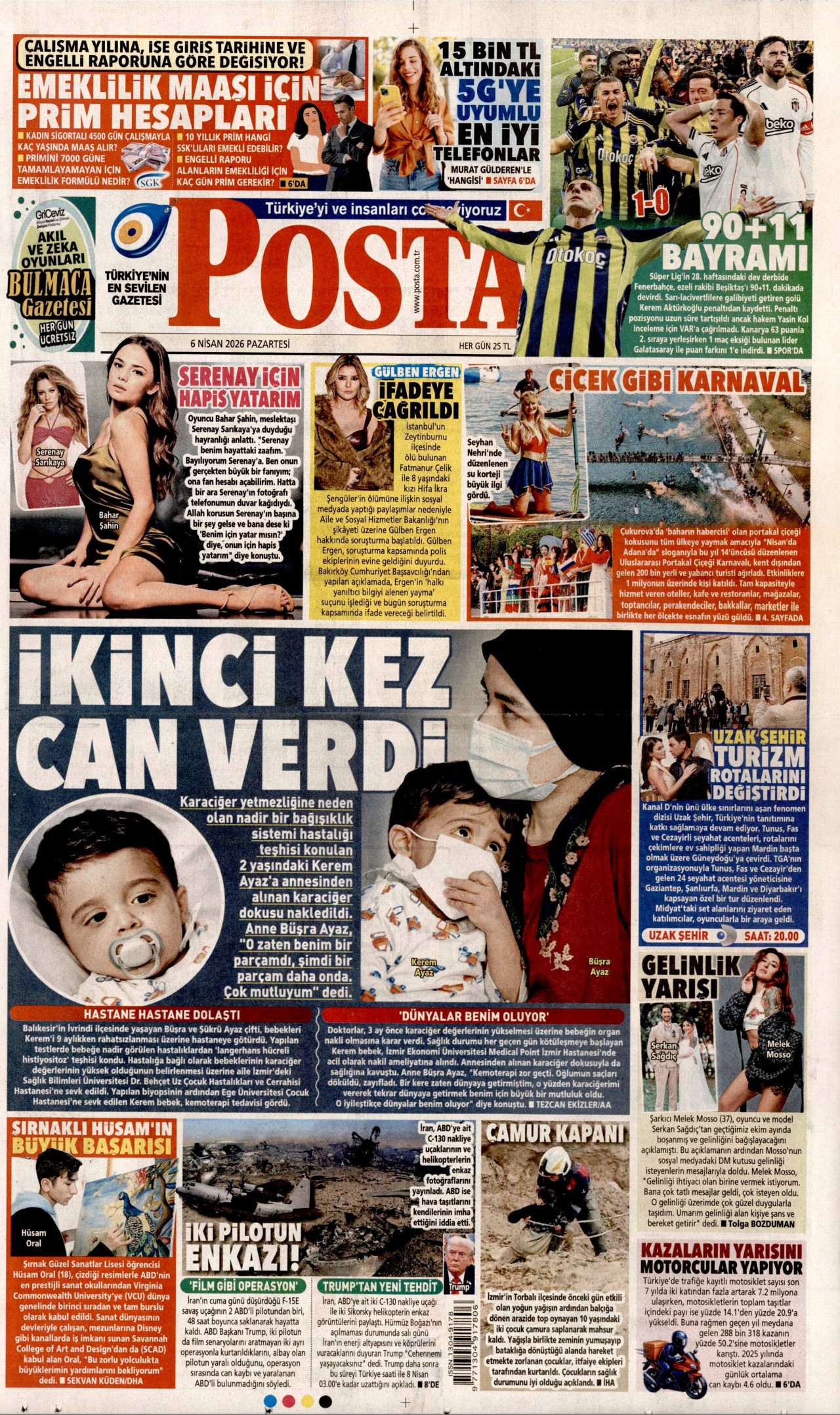 POSTA gazetesinin 6 Nisan 2026 tarihli birinci sayfası