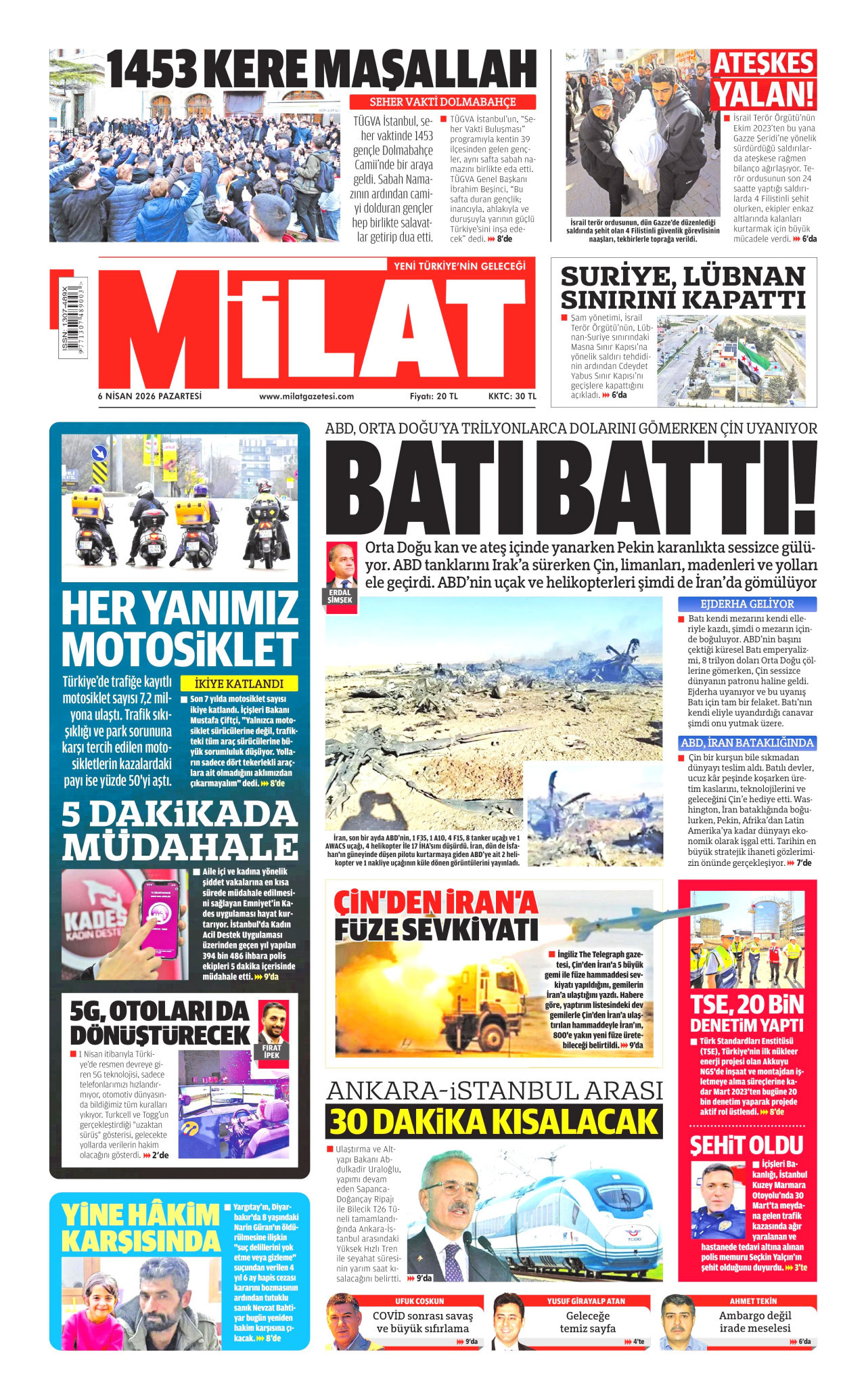 MİLAT gazetesinin 6 Nisan 2026 tarihli birinci sayfası