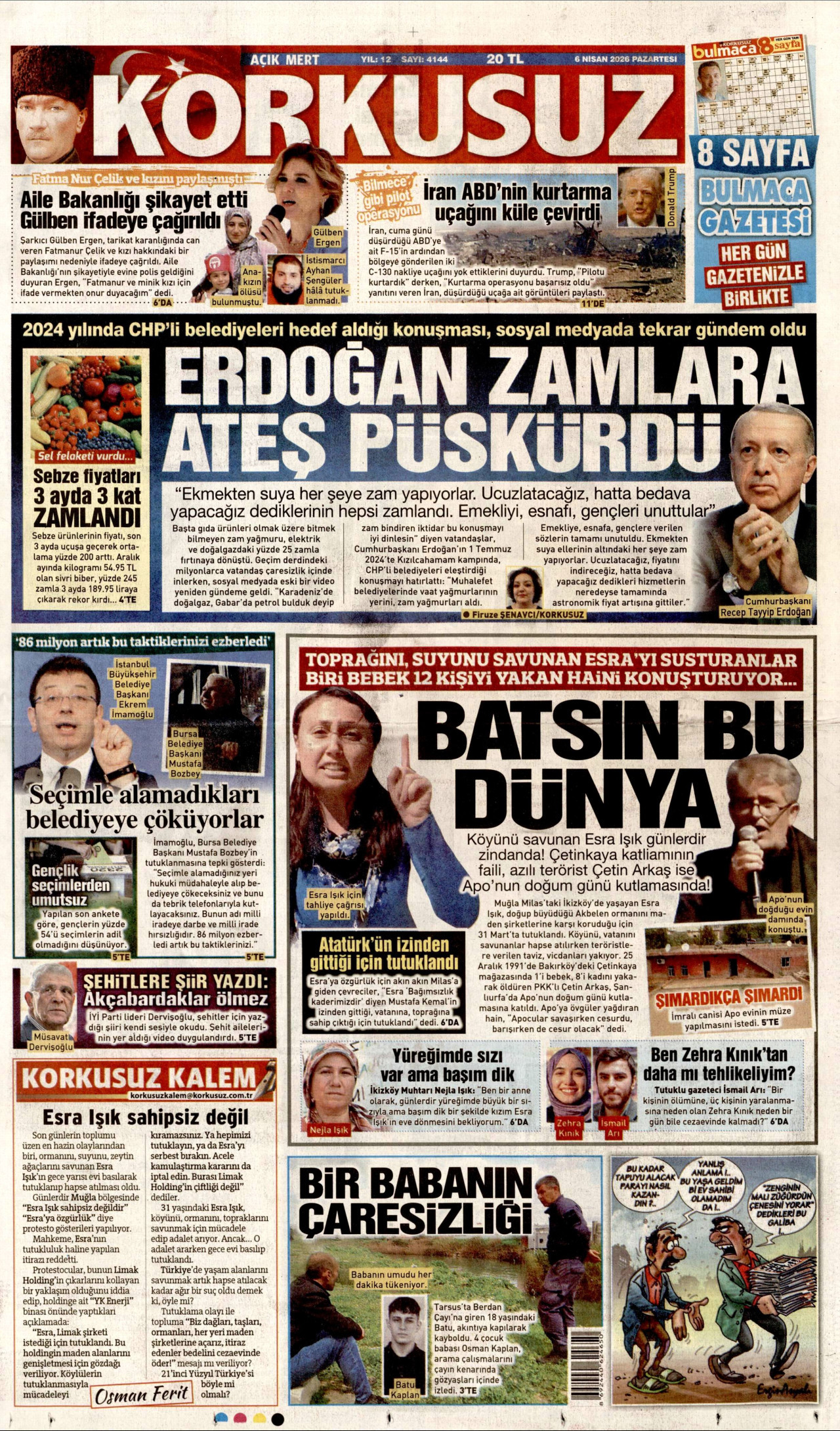 KORKUSUZ gazetesinin 6 Nisan 2026 tarihli birinci sayfası