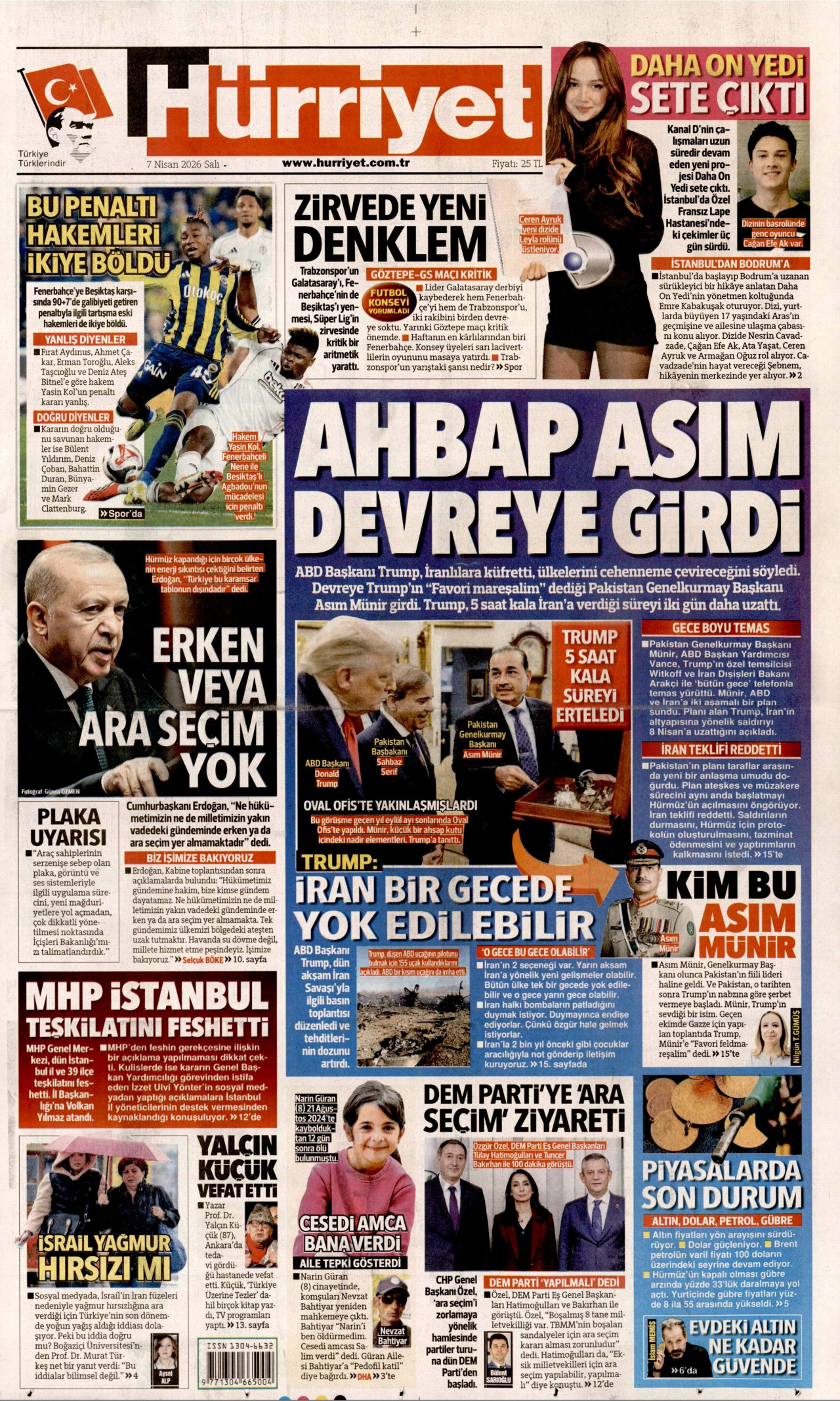HÜRRİYET gazetesinin 7 Nisan 2026 tarihli birinci sayfası