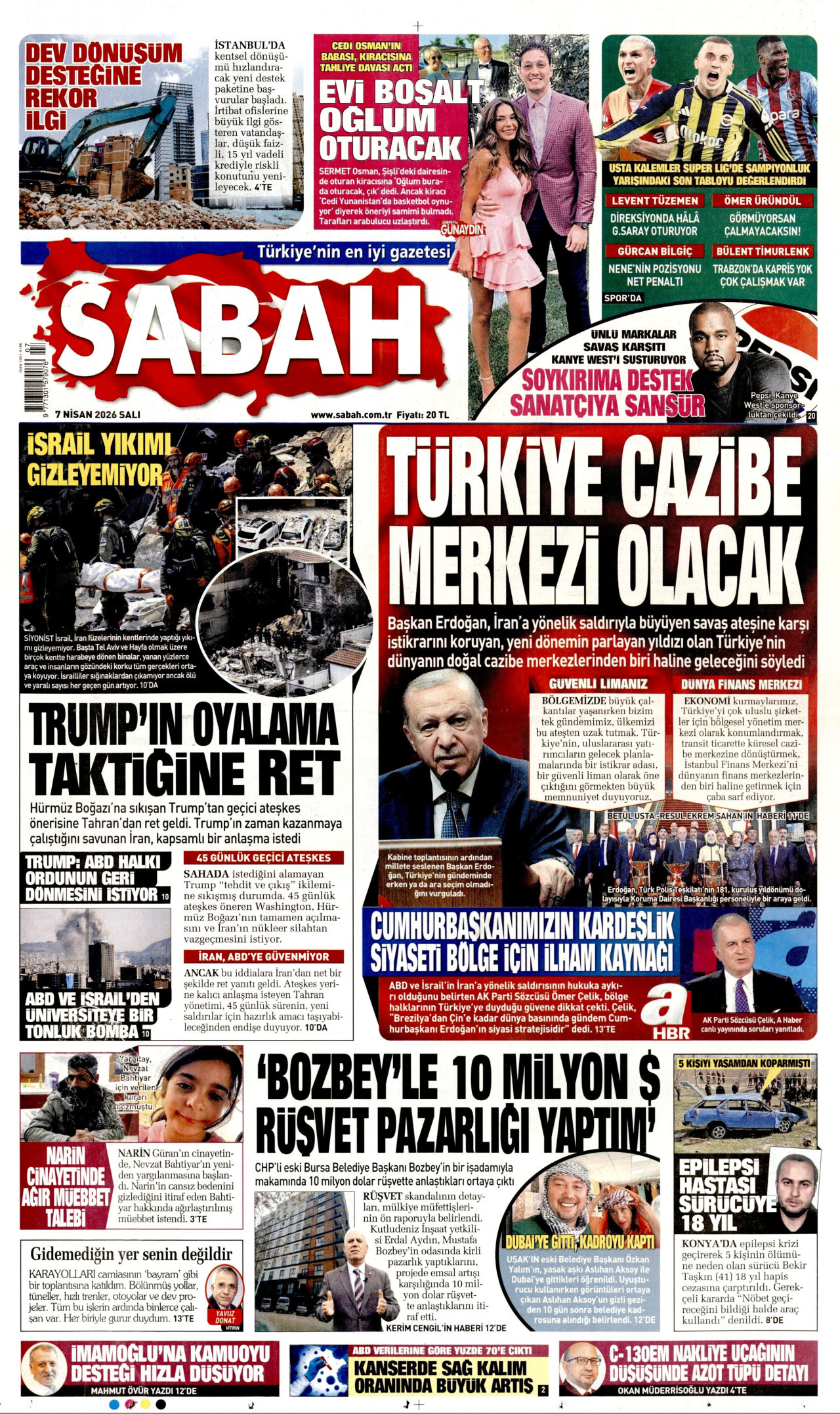 SABAH gazetesinin 7 Nisan 2026 tarihli birinci sayfası