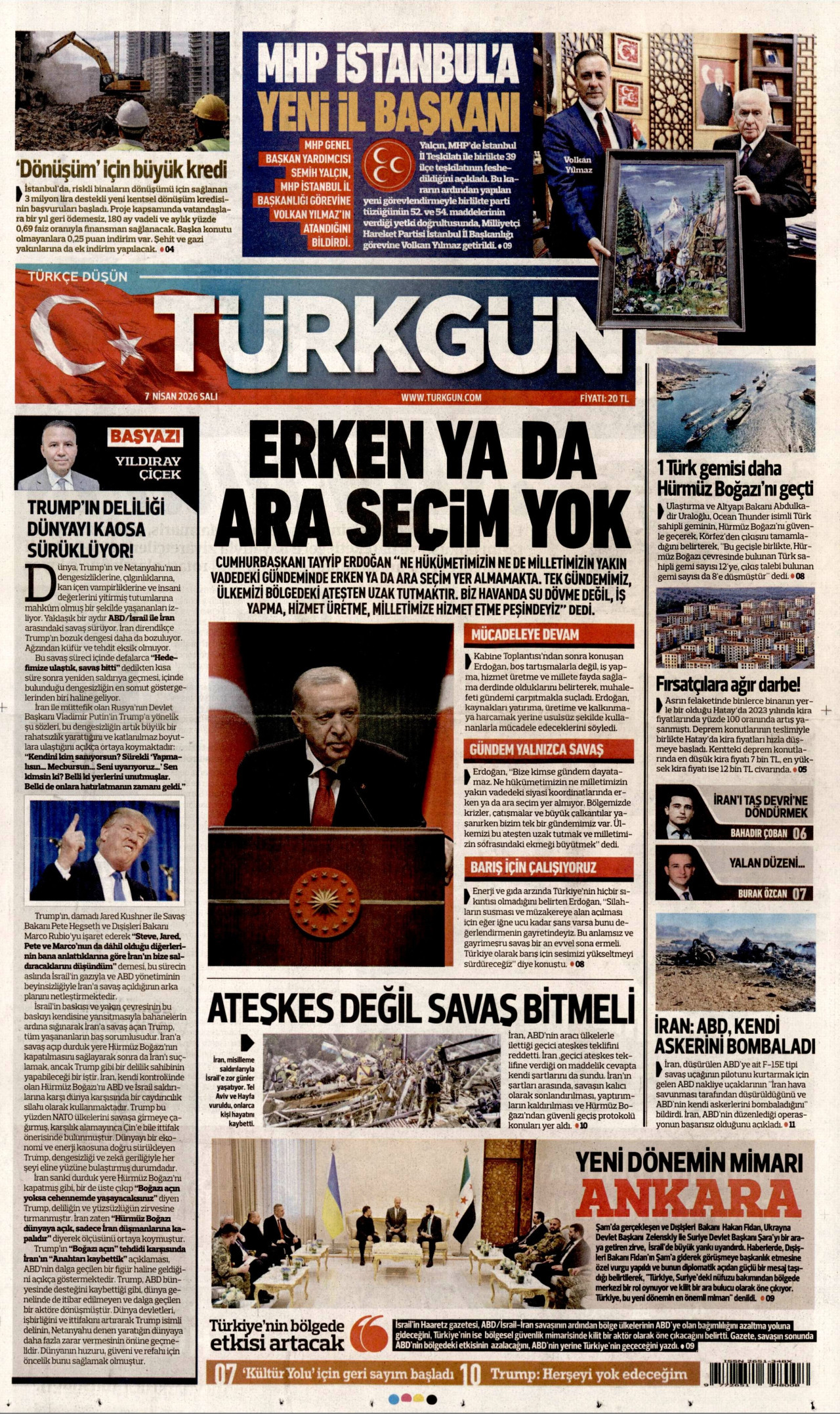 TÜRKGÜN gazetesinin 7 Nisan 2026 tarihli birinci sayfası