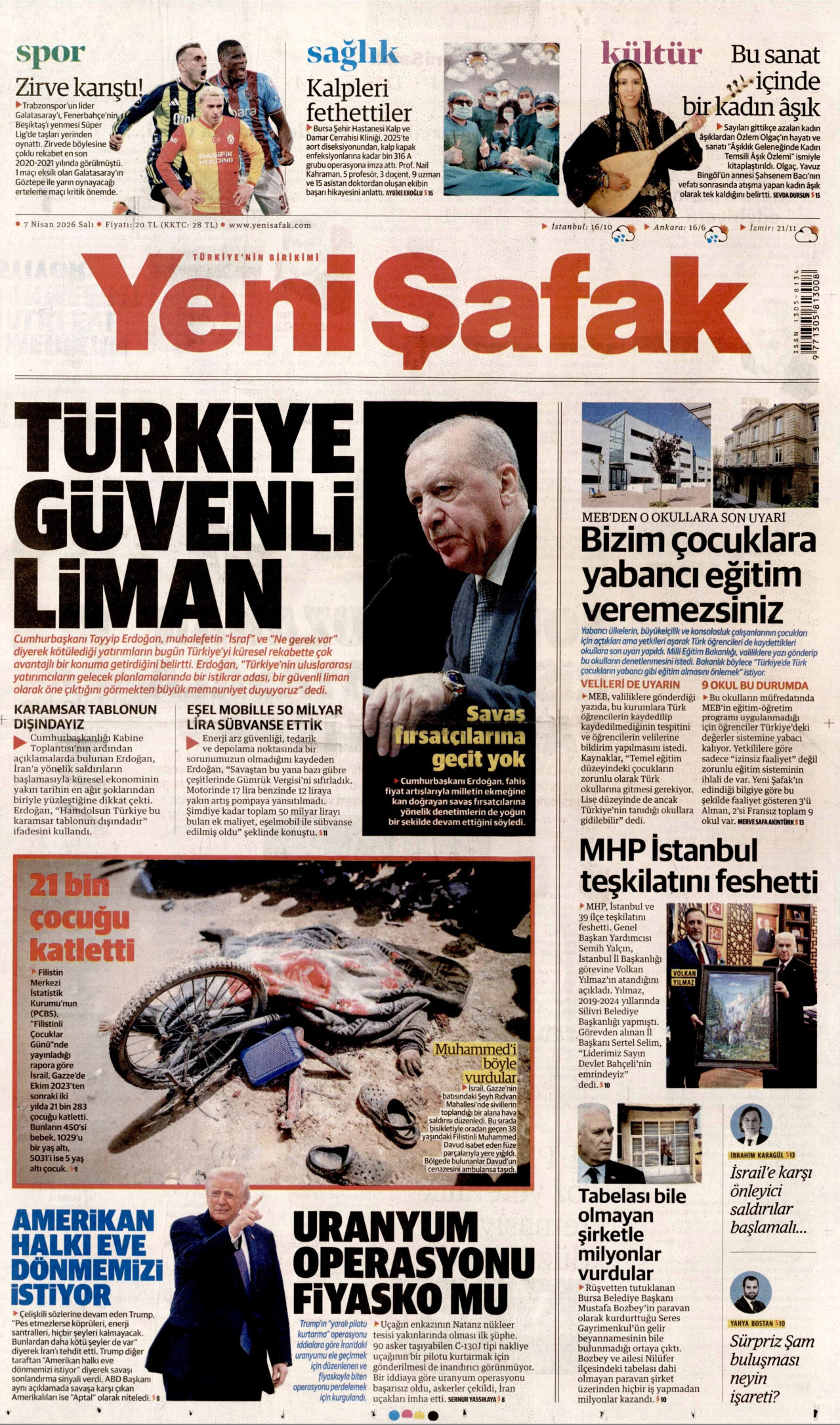 YENİ ŞAFAK gazetesinin 7 Nisan 2026 tarihli birinci sayfası