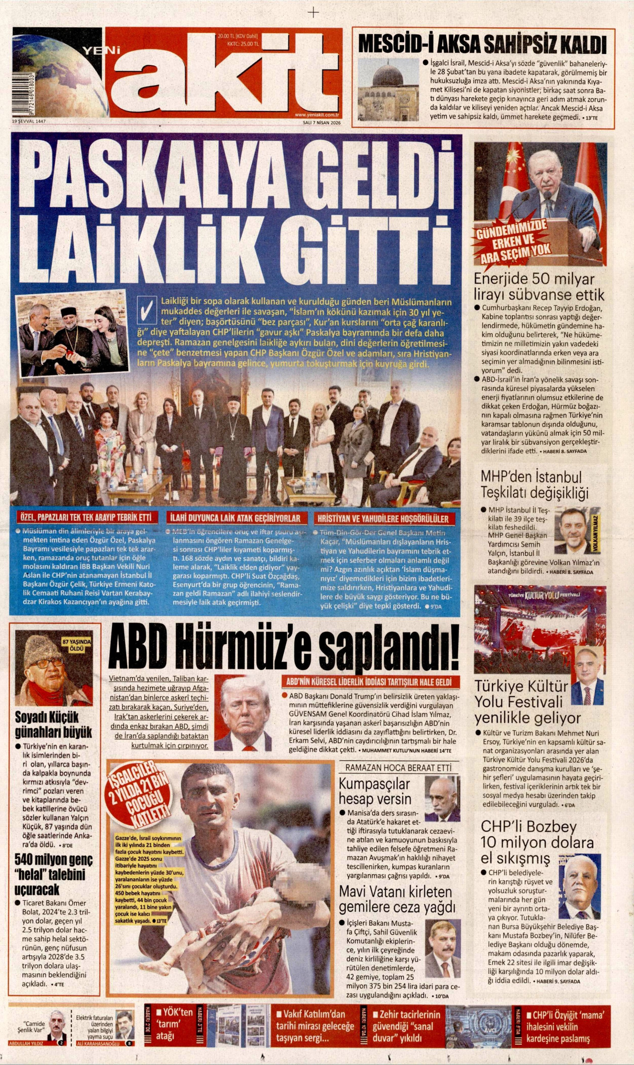 YENİ AKİT gazetesinin 7 Nisan 2026 tarihli birinci sayfası