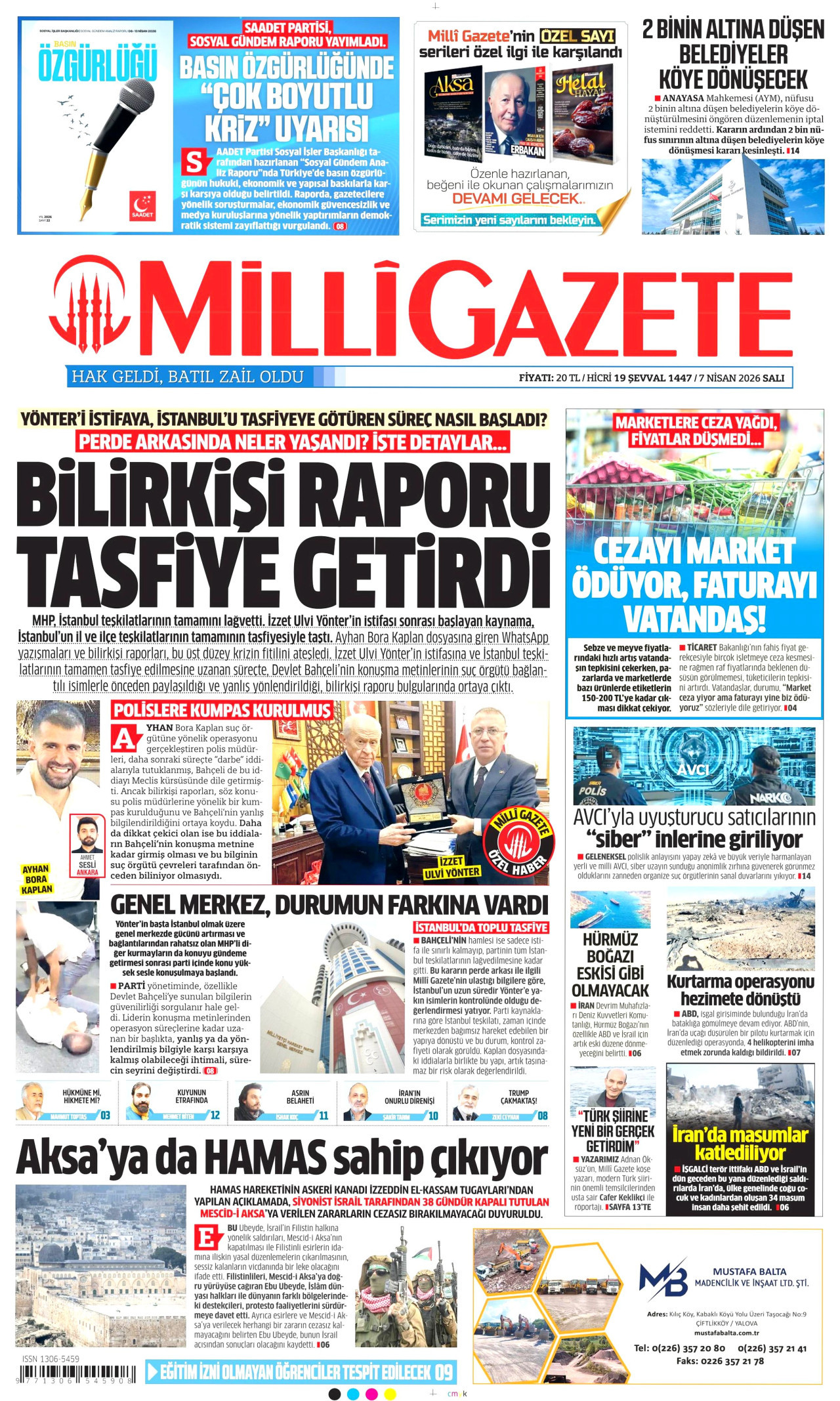 MİLLİ GAZETE gazetesinin 7 Nisan 2026 tarihli birinci sayfası