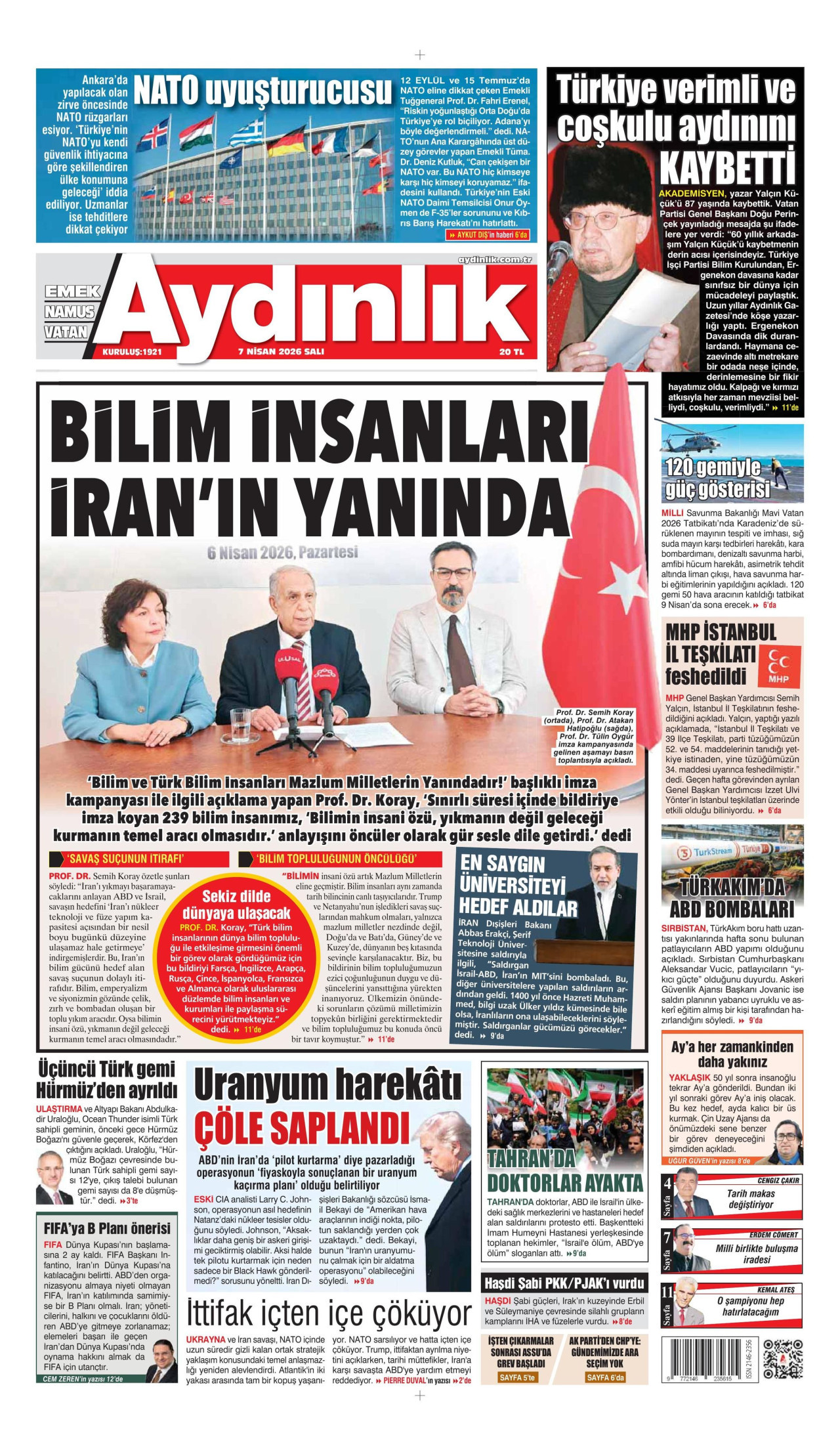 AYDINLIK GAZETESİ gazetesinin 7 Nisan 2026 tarihli birinci sayfası