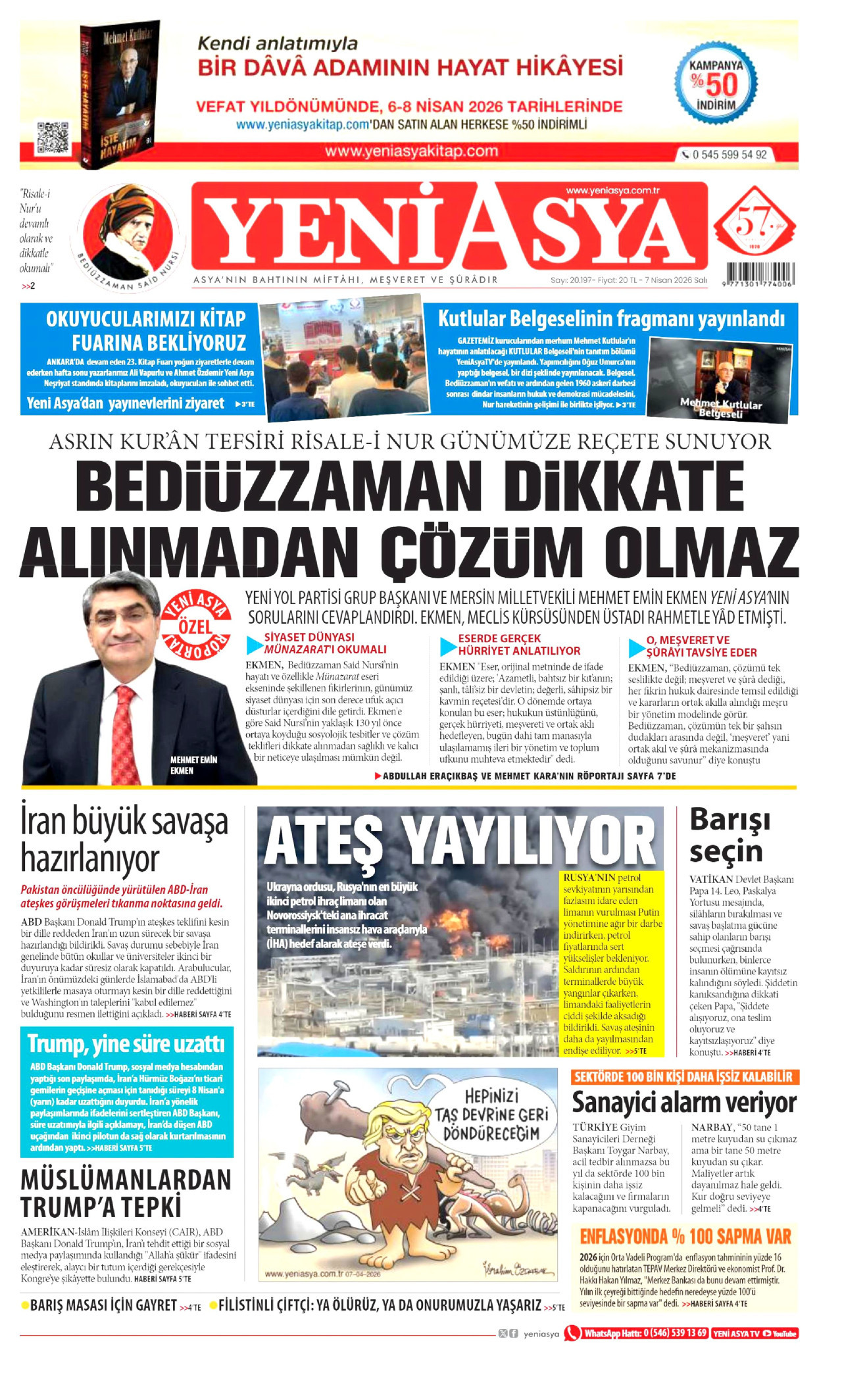 YENİ ASYA gazetesinin 7 Nisan 2026 tarihli birinci sayfası