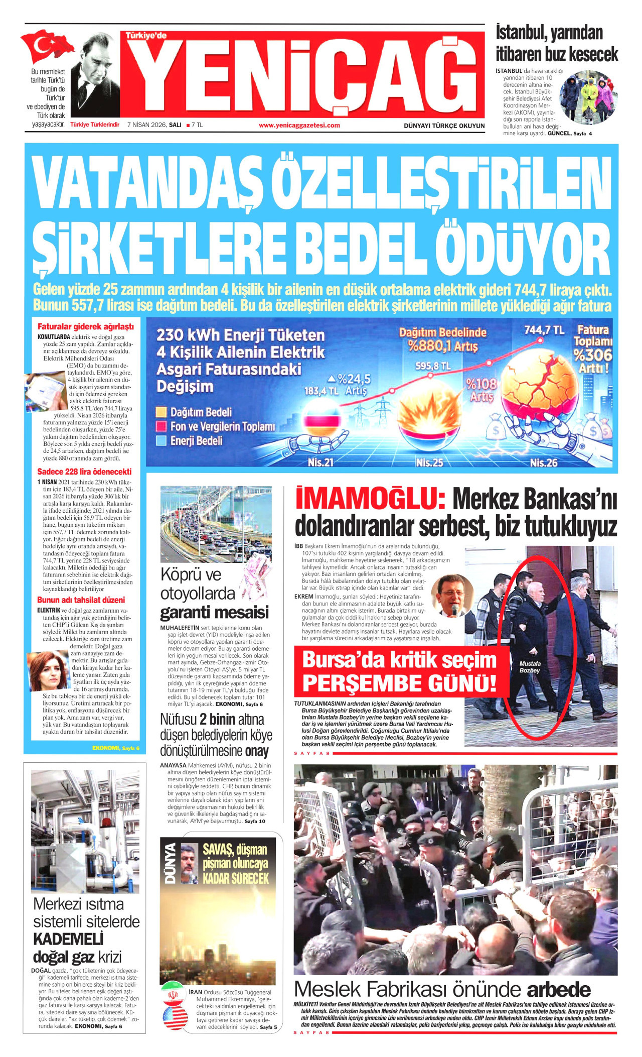 YENİÇAĞ gazetesinin 7 Nisan 2026 tarihli birinci sayfası