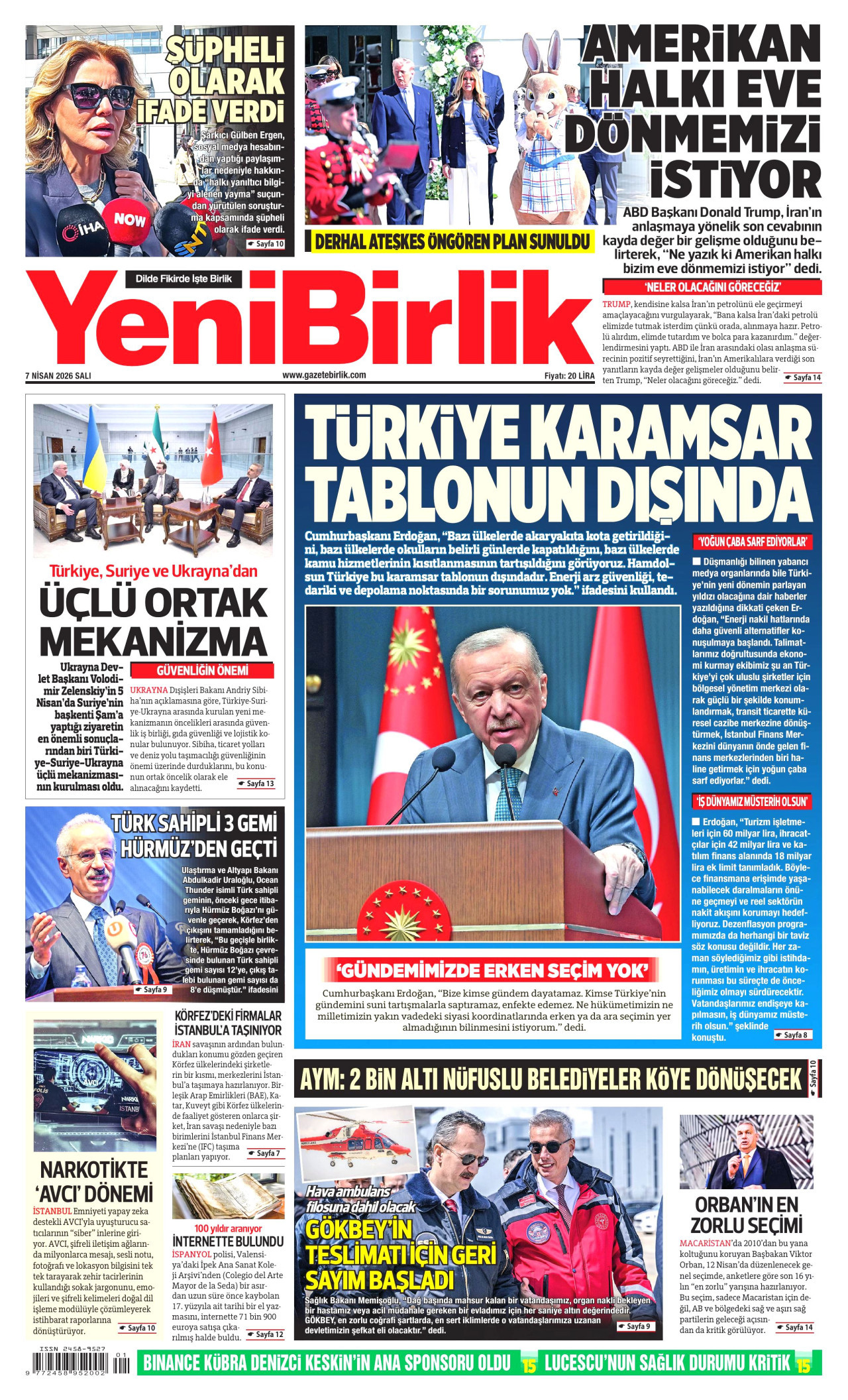 YENİBİRLİK gazetesinin 7 Nisan 2026 tarihli birinci sayfası