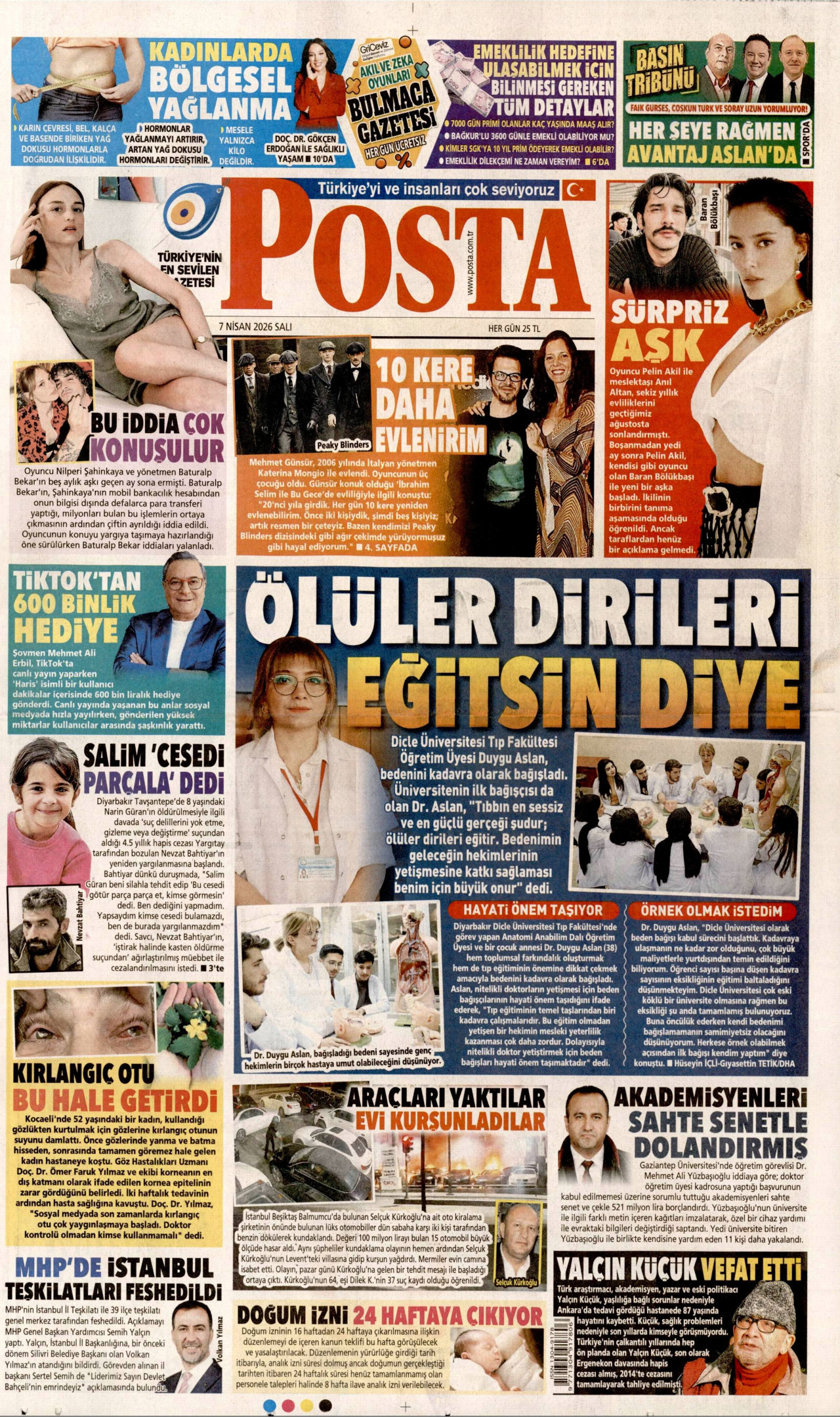 POSTA gazetesinin 7 Nisan 2026 tarihli birinci sayfası