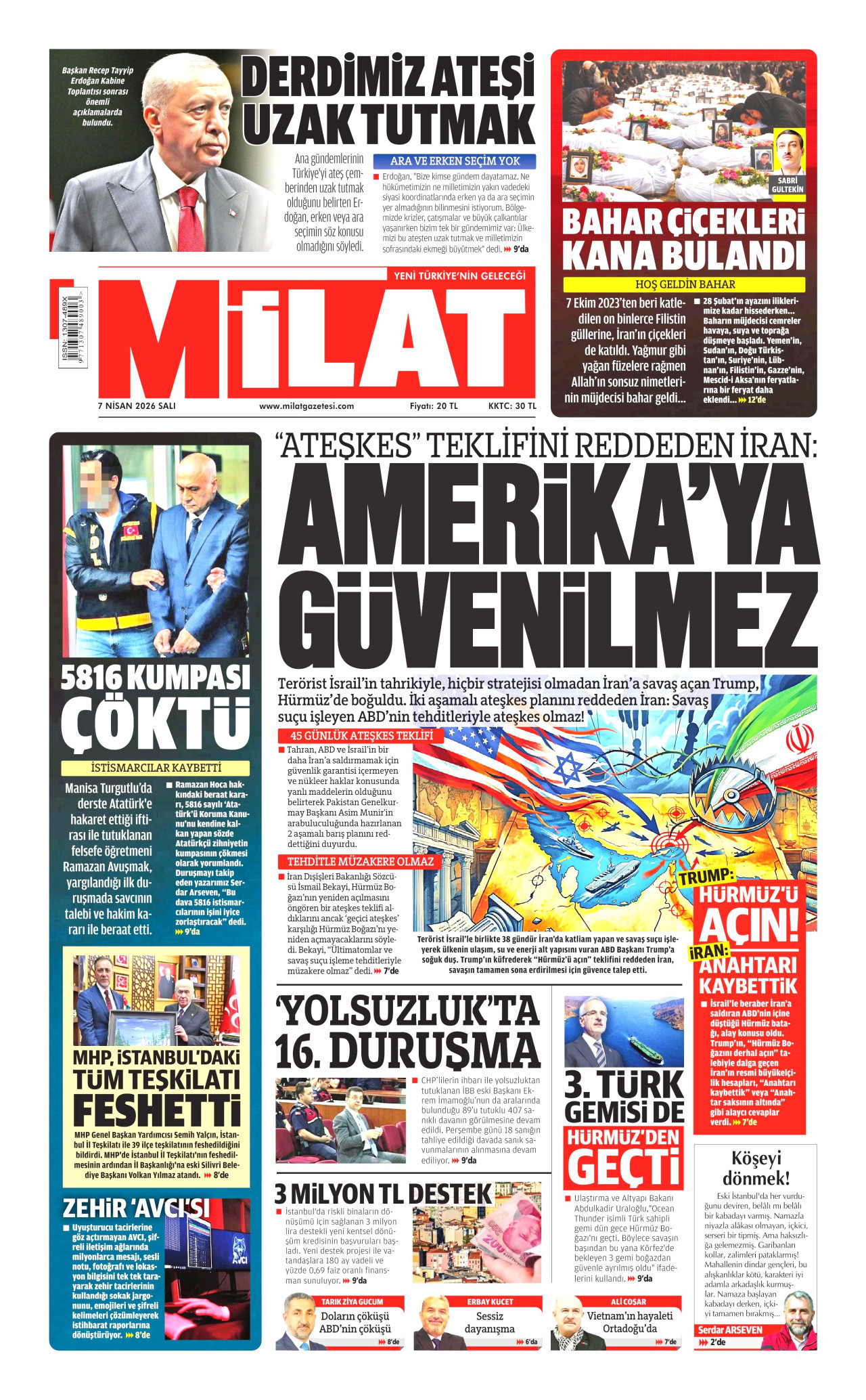 MİLAT gazetesinin 7 Nisan 2026 tarihli birinci sayfası