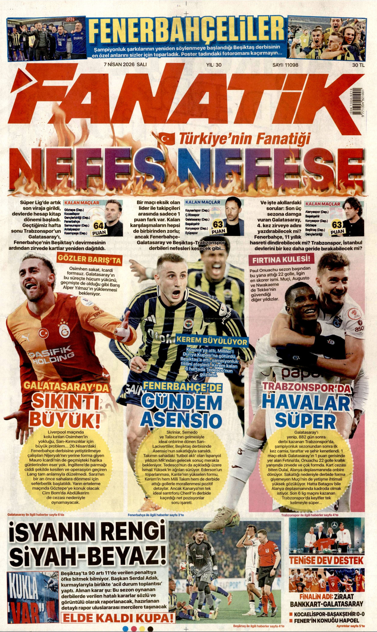 FANATİK gazetesinin 7 Nisan 2026 tarihli birinci sayfası
