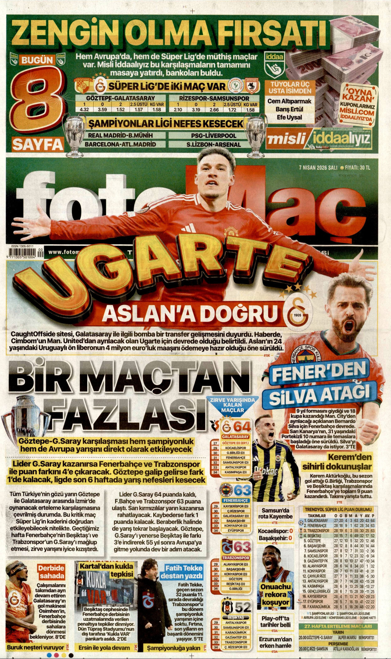 FOTOMAÇ gazetesinin 7 Nisan 2026 tarihli birinci sayfası